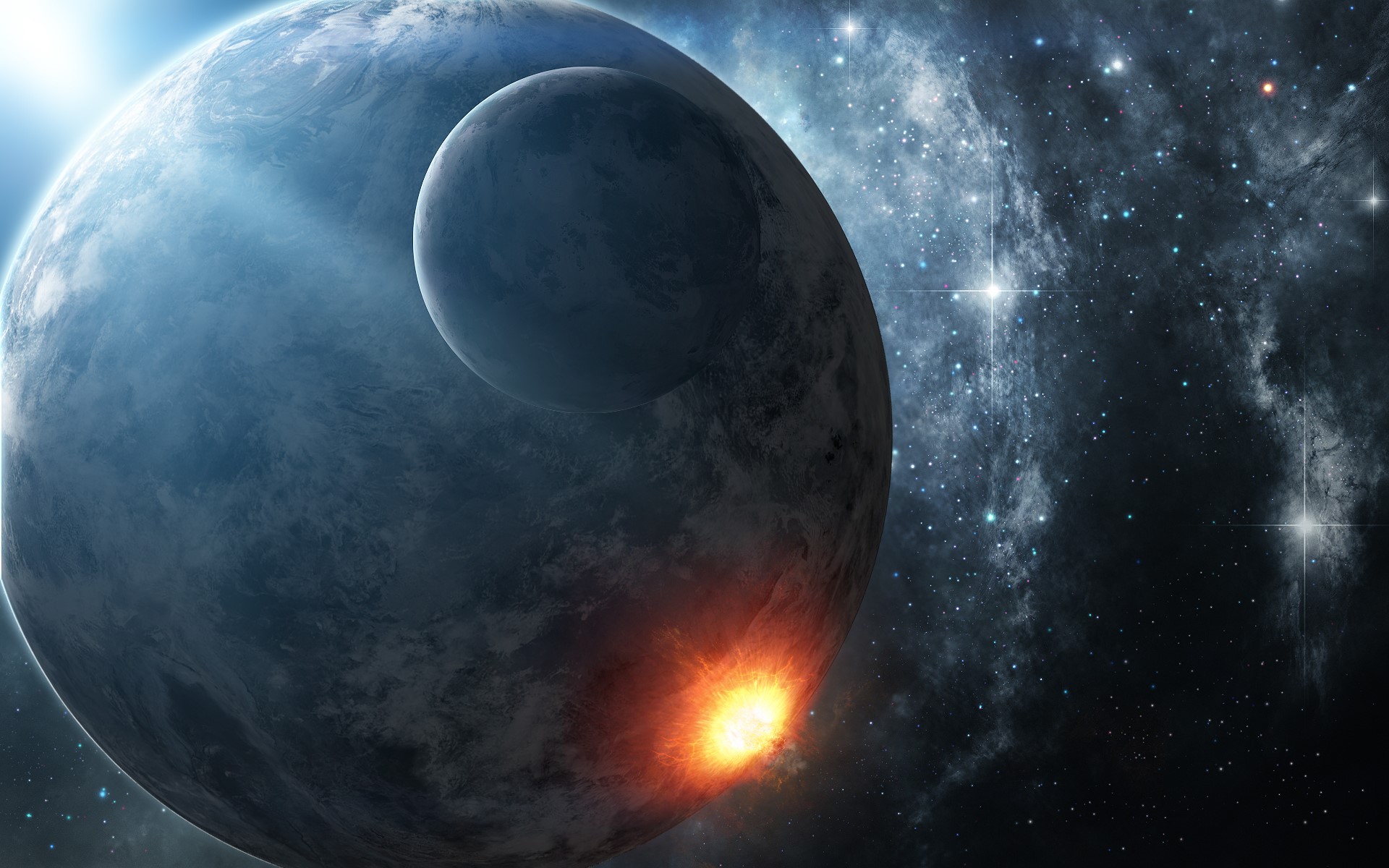 Planet and Moon with Asteroid Impact HD Wallpaper