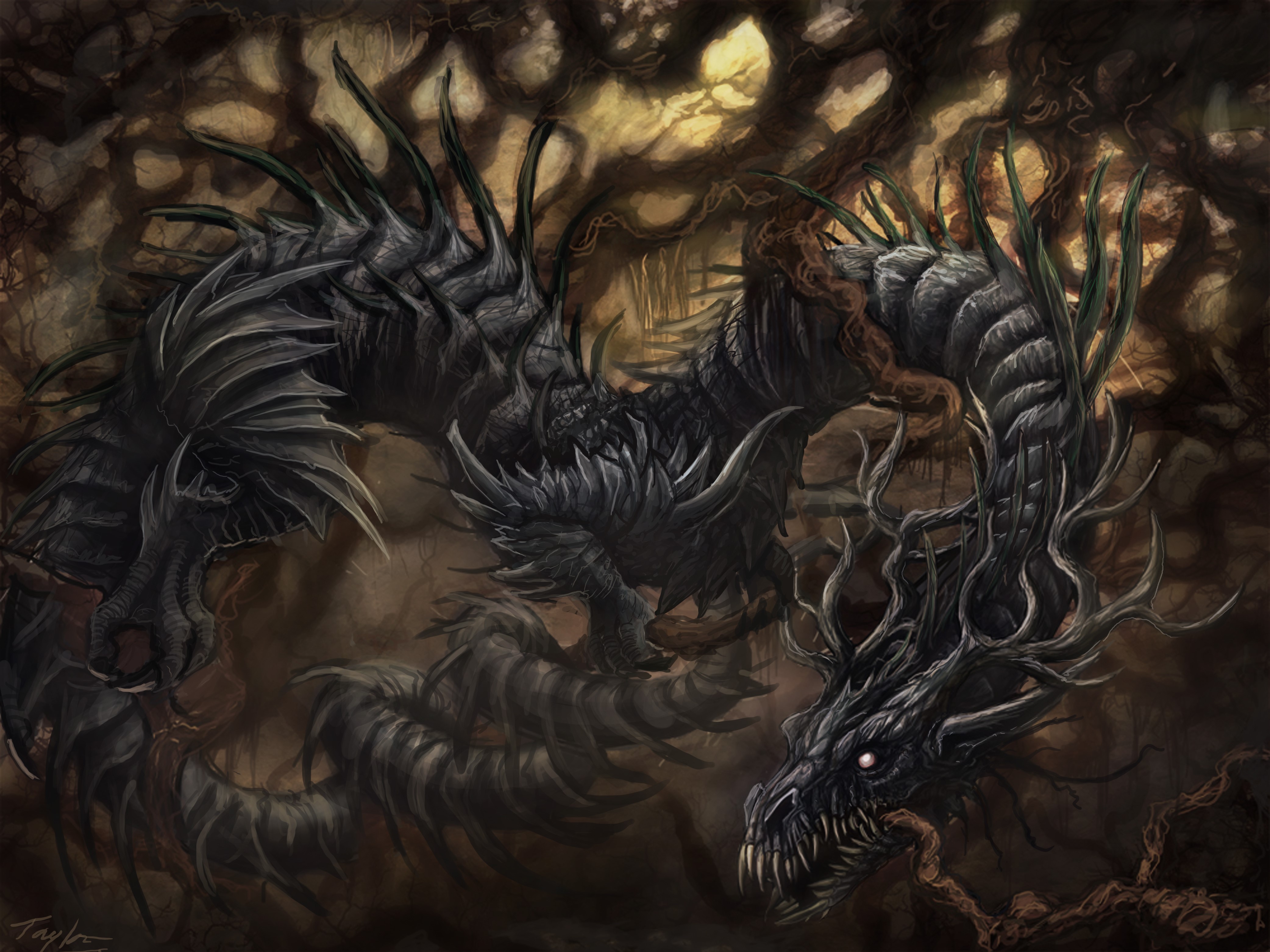 Dark Dragon in a Forest HD Wallpaper