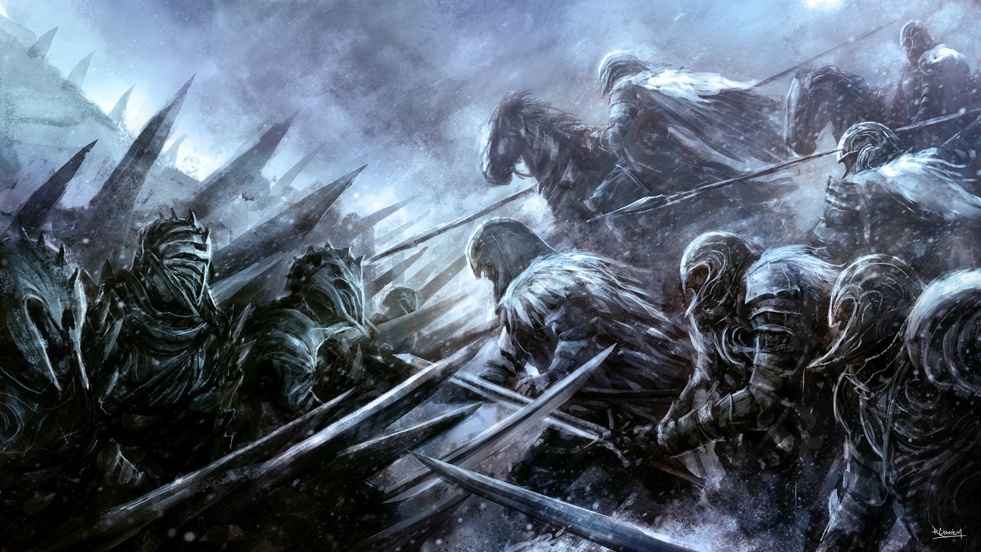 Warriors in battle with swords and spears HD Wallpaper