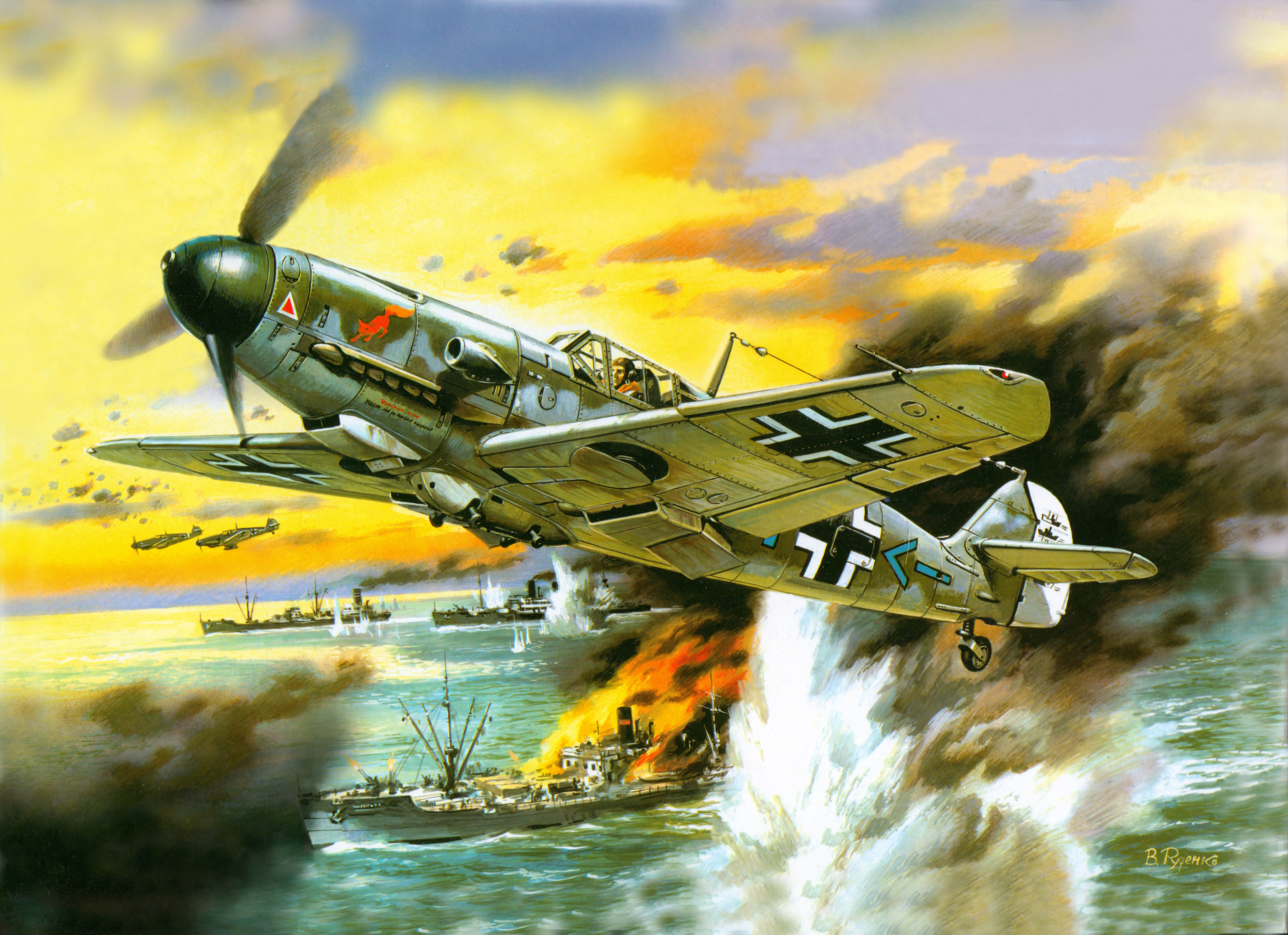 Messerschmitt Bf 109 attacking ships HD Wallpaper