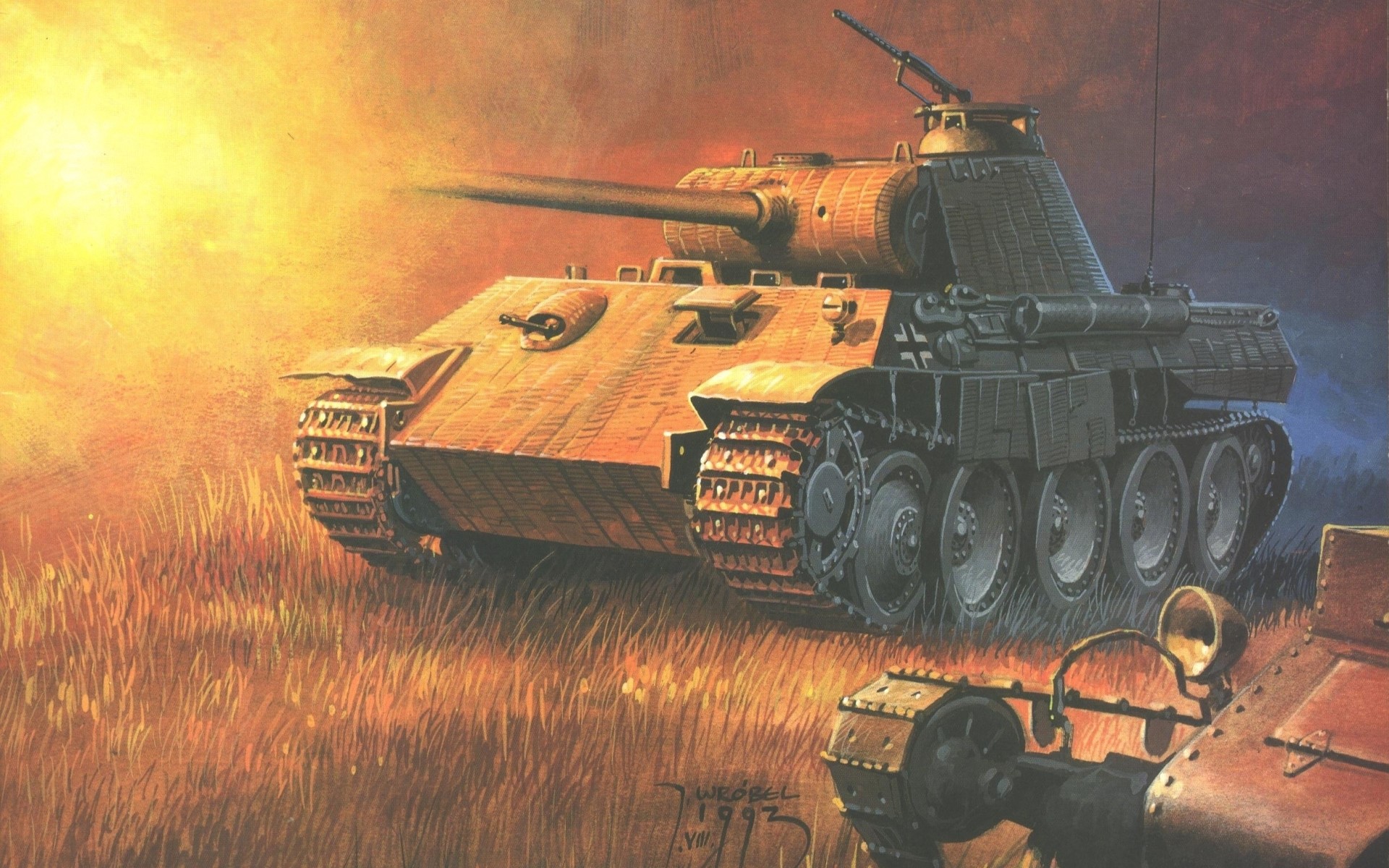 Painting of two tanks in a field HD Wallpaper