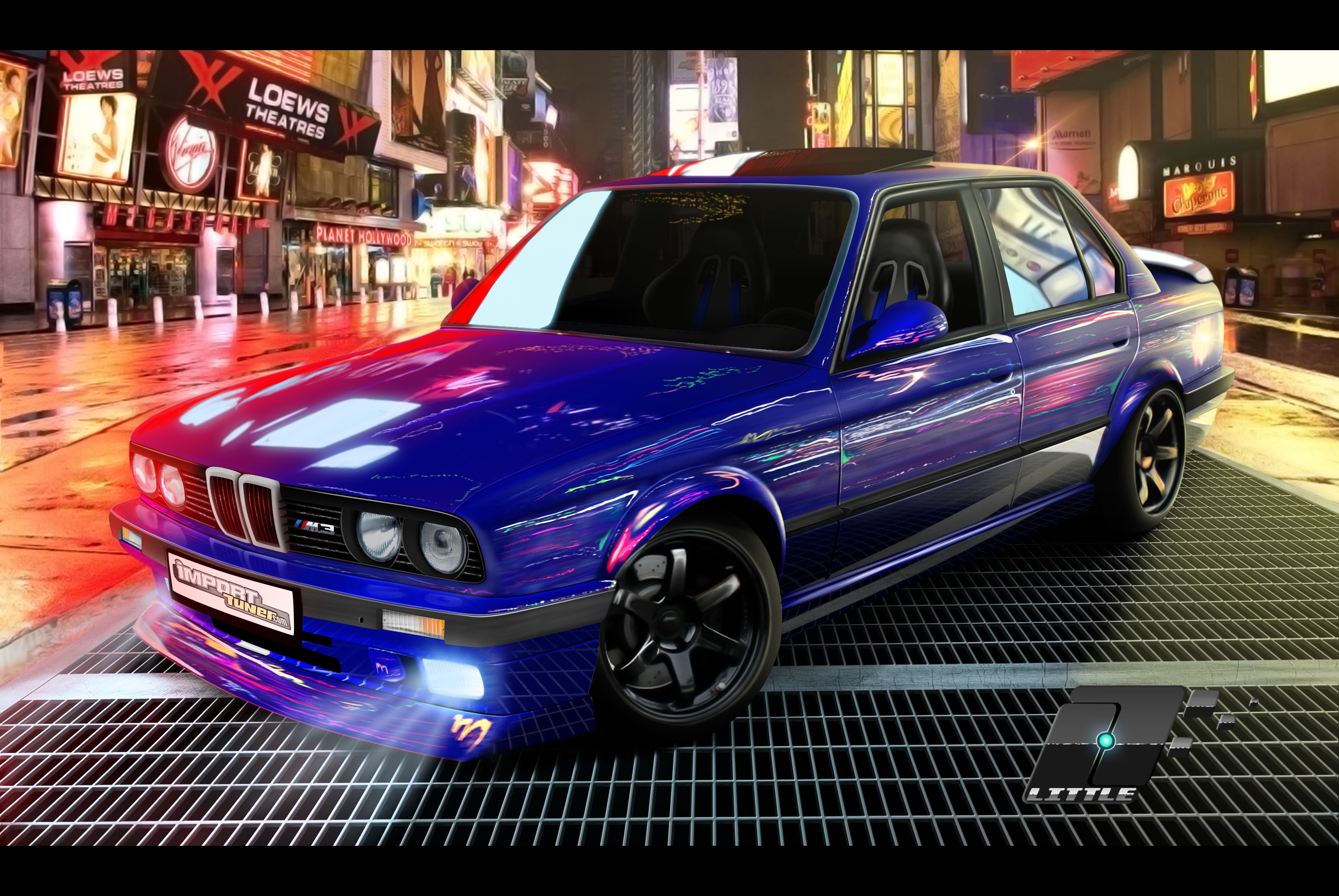 Blue BMW M3 E30 in a city at night HD Wallpaper