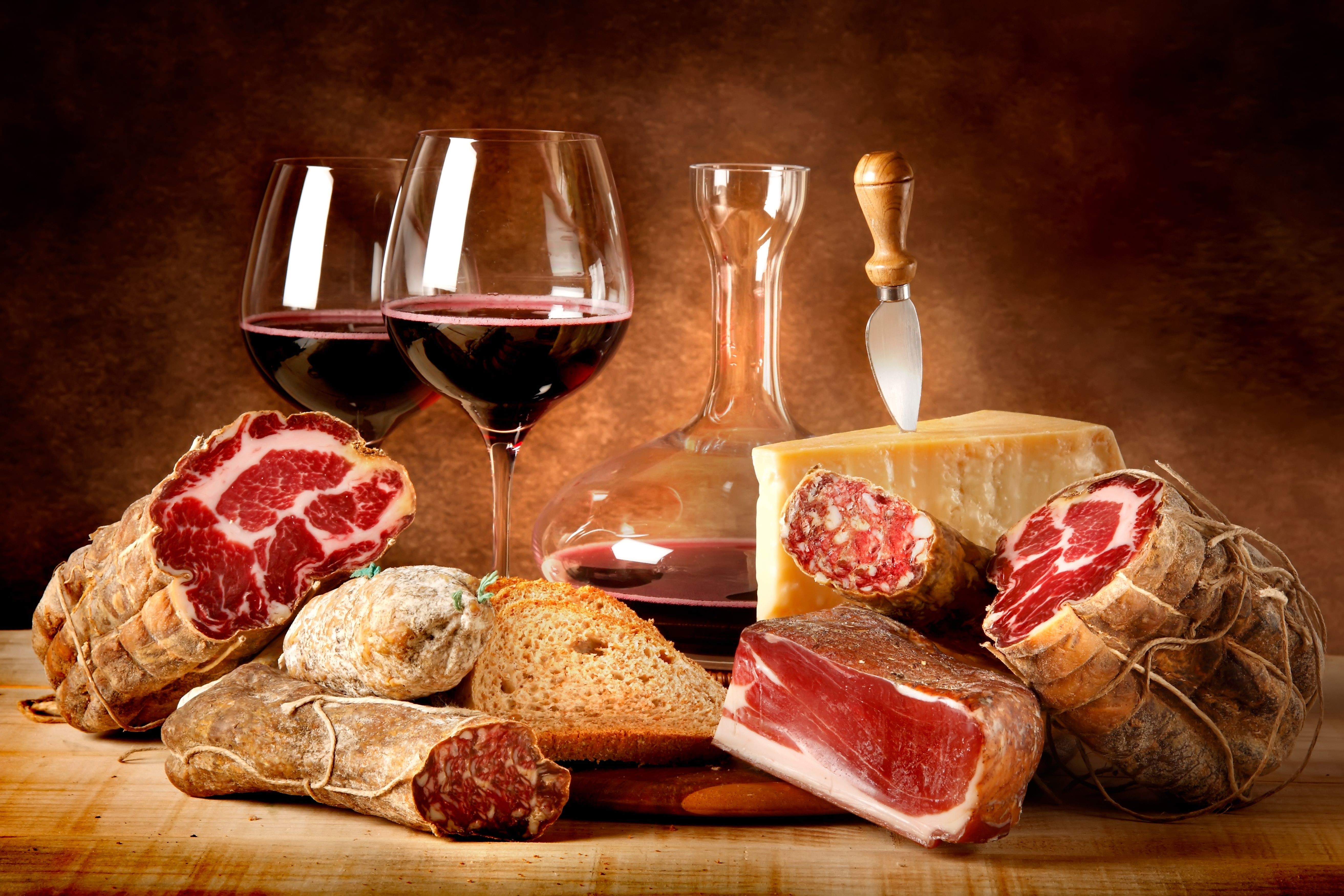 Still life with cured meats, cheese, bread, and red wine HD Wallpaper