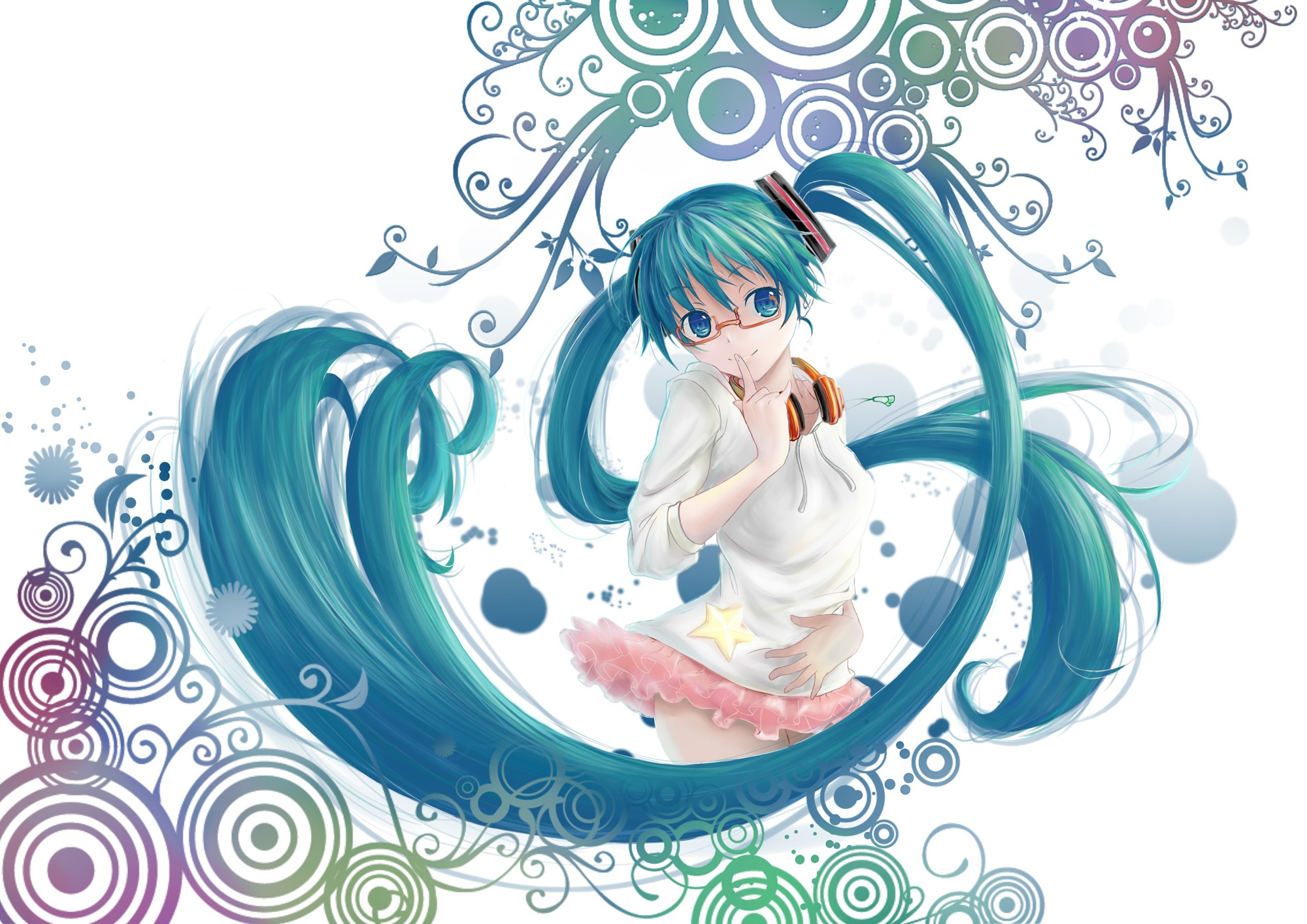 Hatsune Miku from Vocaloid with swirling decorations HD Wallpaper