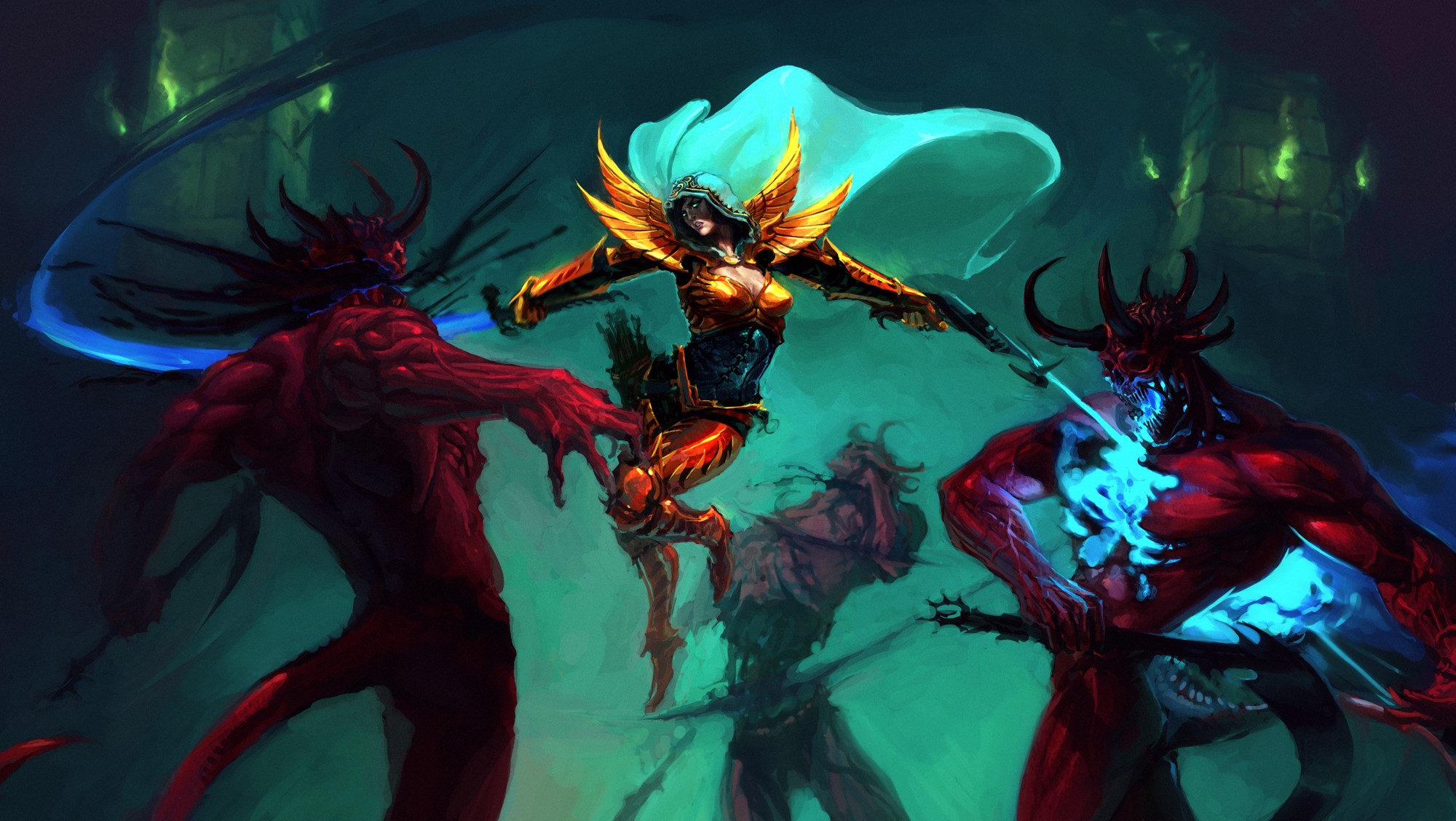 Demon Hunter fighting demons in Diablo III HD Wallpaper