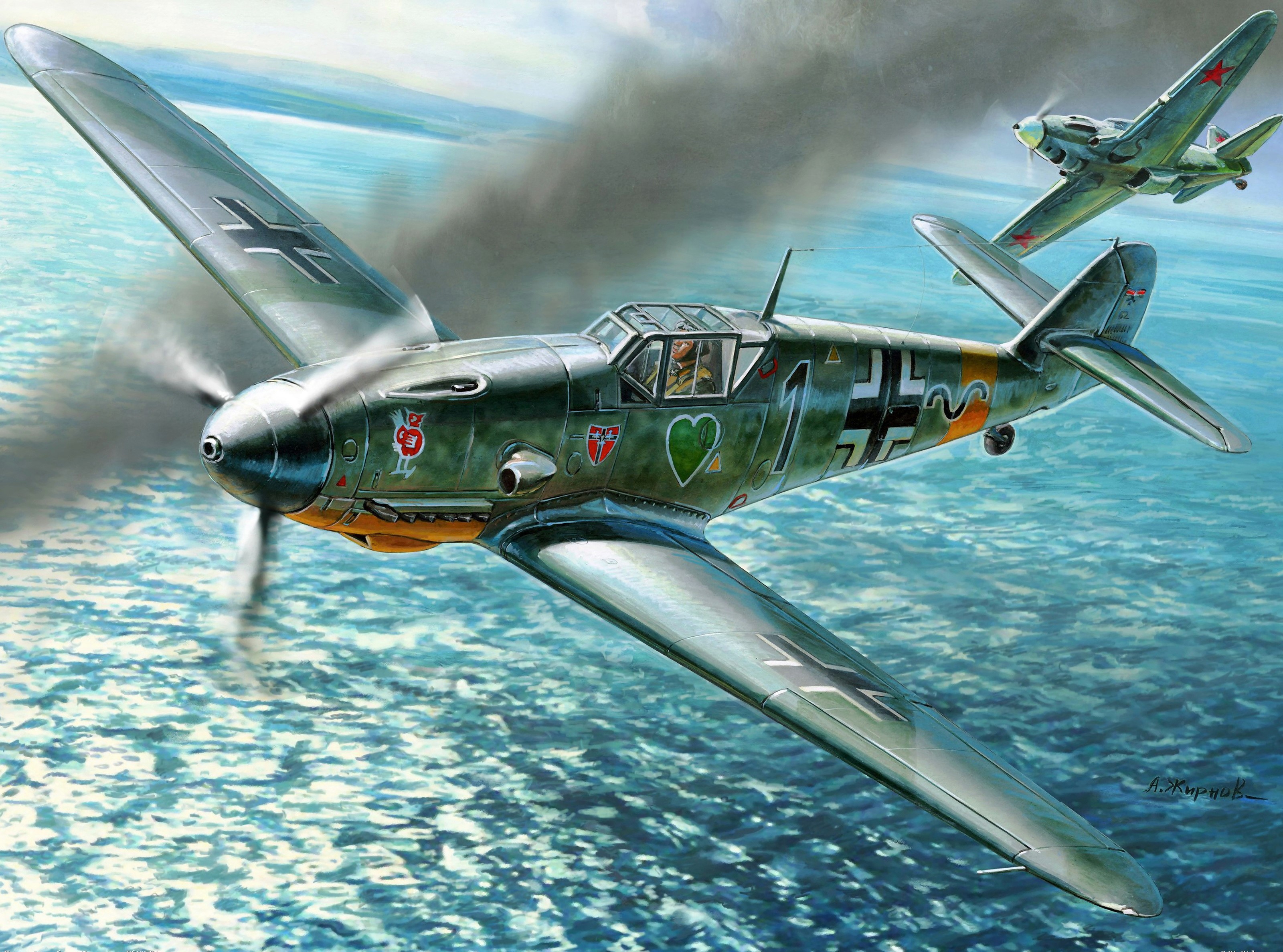 Messerschmitt Bf 109 and Lavochkin La-5 aircraft in flight HD Wallpaper