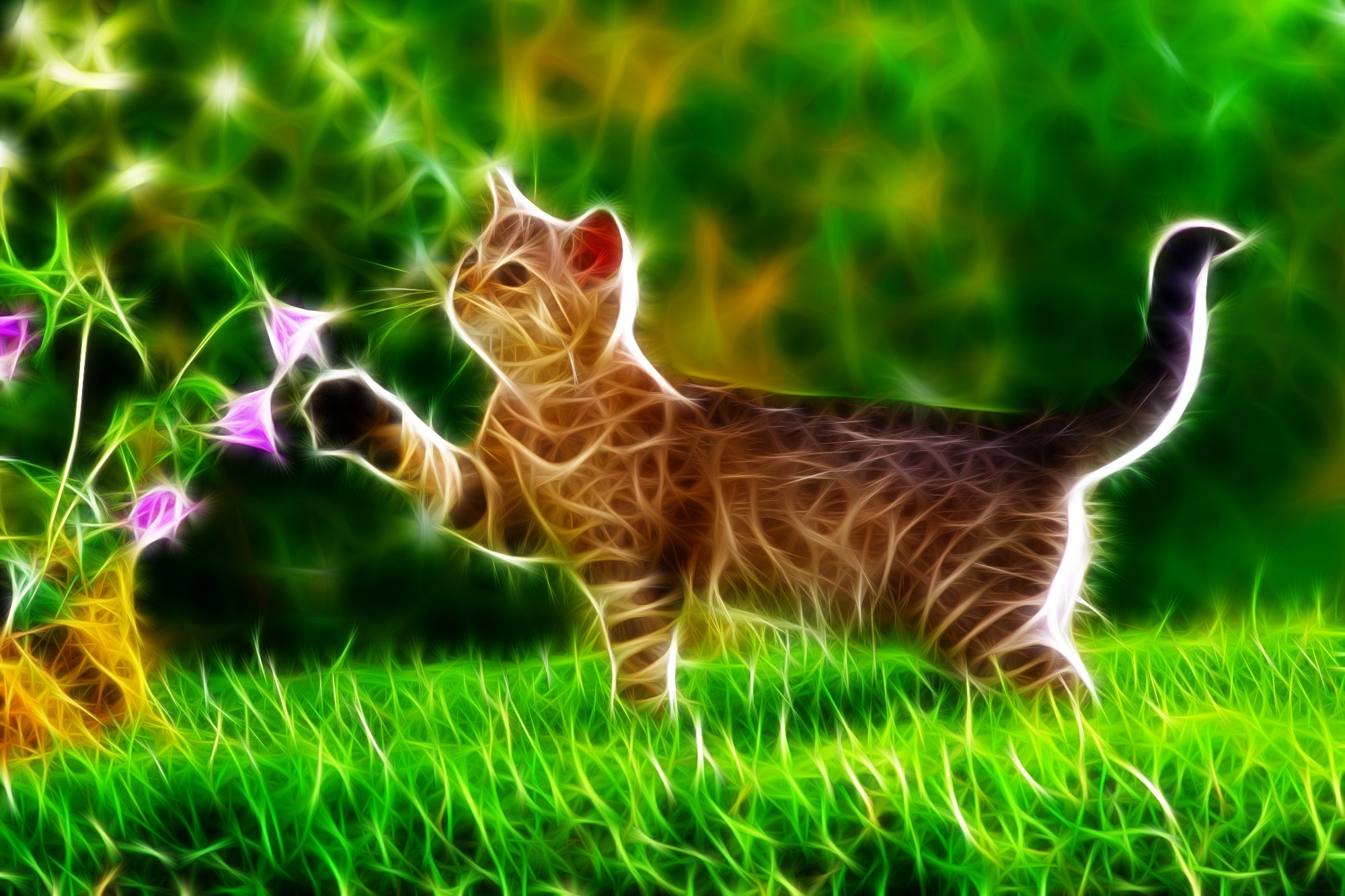 A tabby cat plays with purple flowers in a grassy field. HD Wallpaper