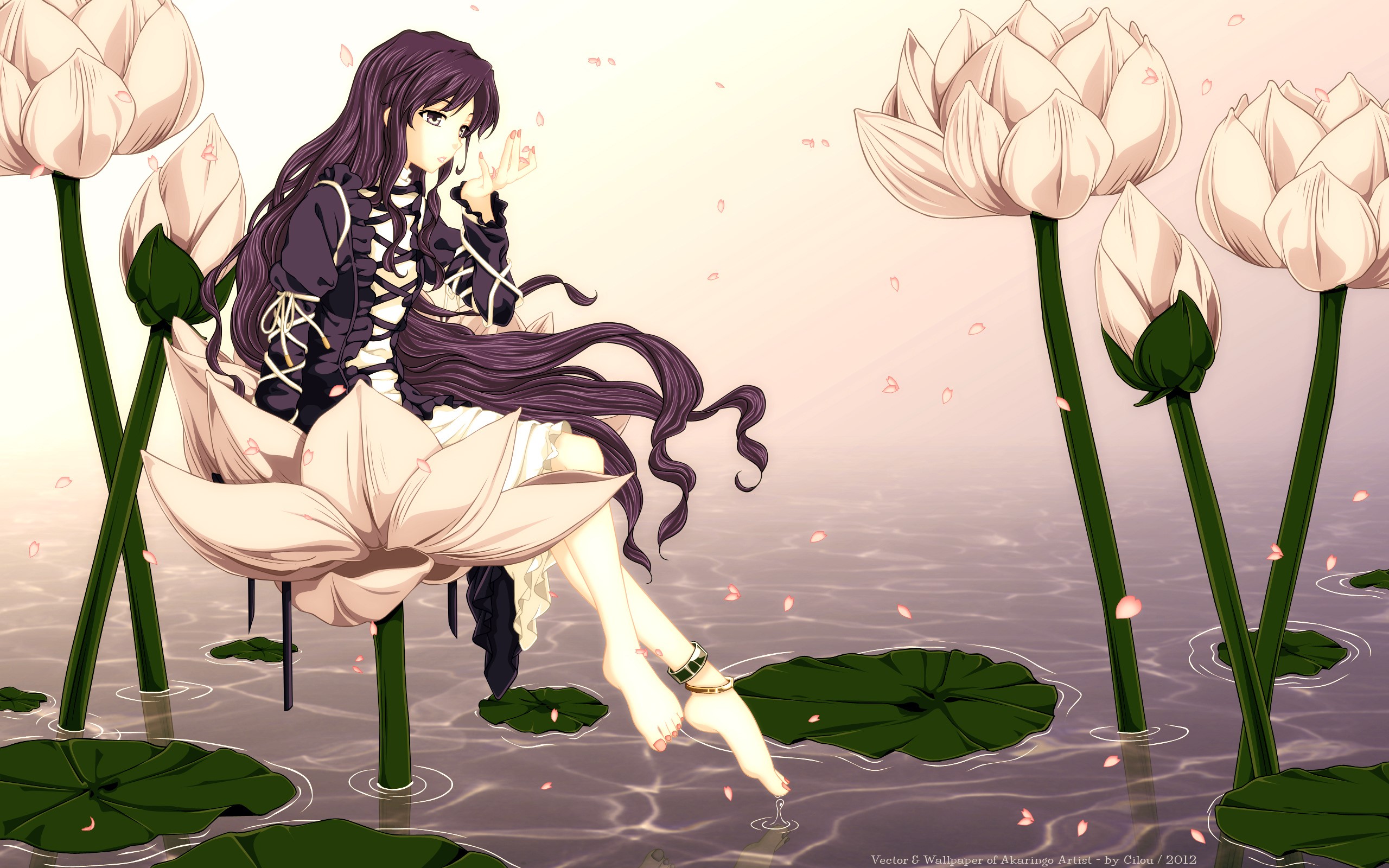 Anime girl sitting on a lotus flower HD Wallpaper