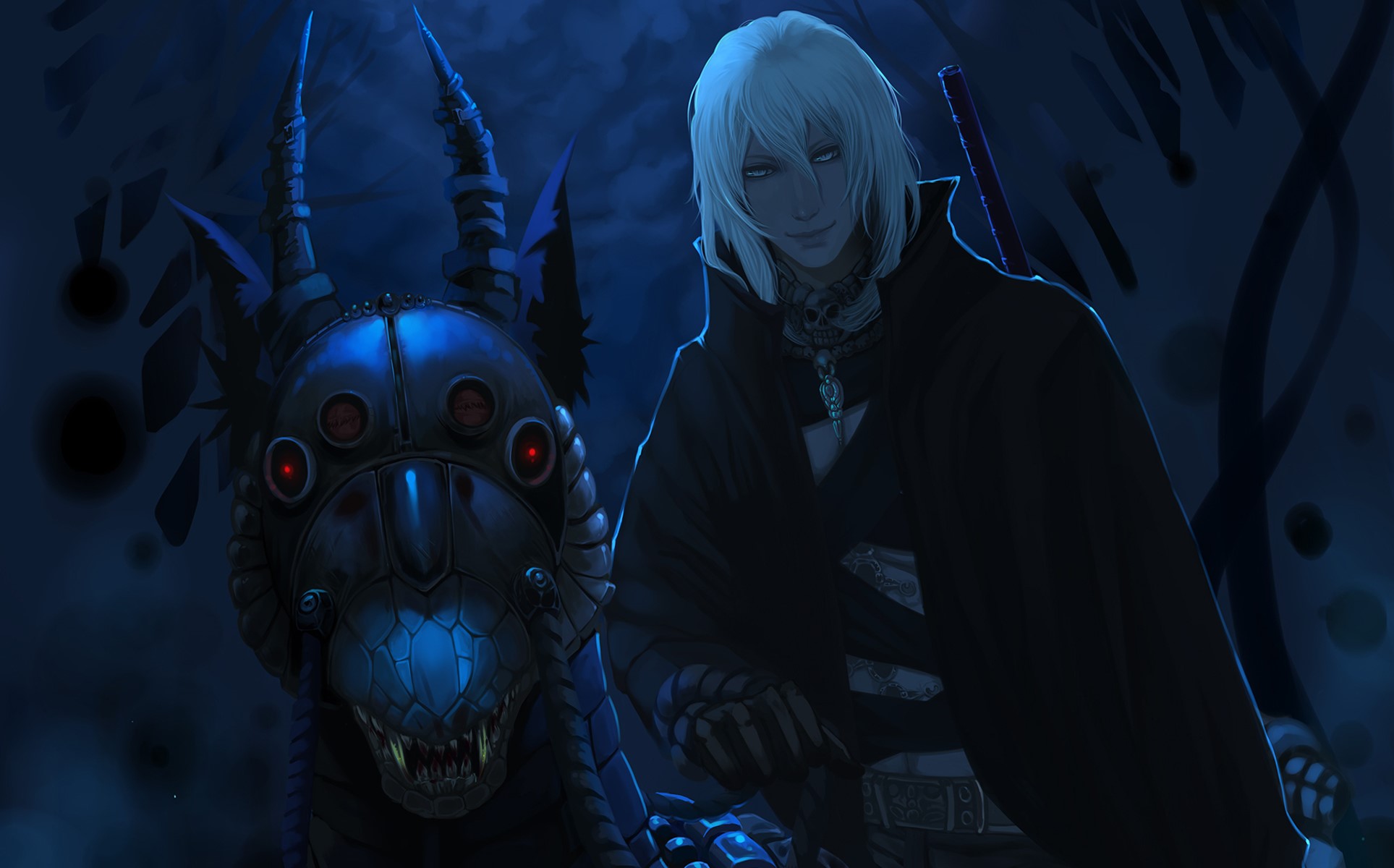 Man with mechanical creature in dark forest HD Wallpaper