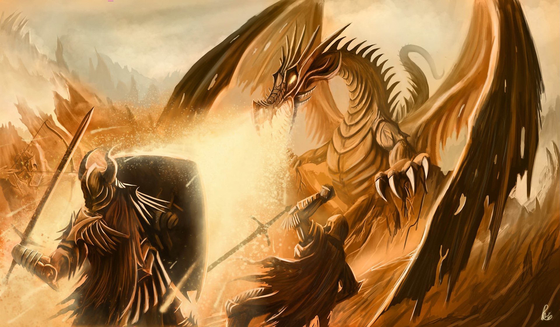 Knights battling a dragon in a desolate landscape HD Wallpaper