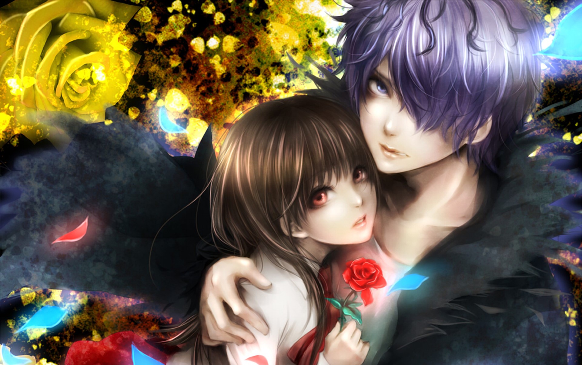Anime couple with purple hair and red eyes holding a rose HD Wallpaper