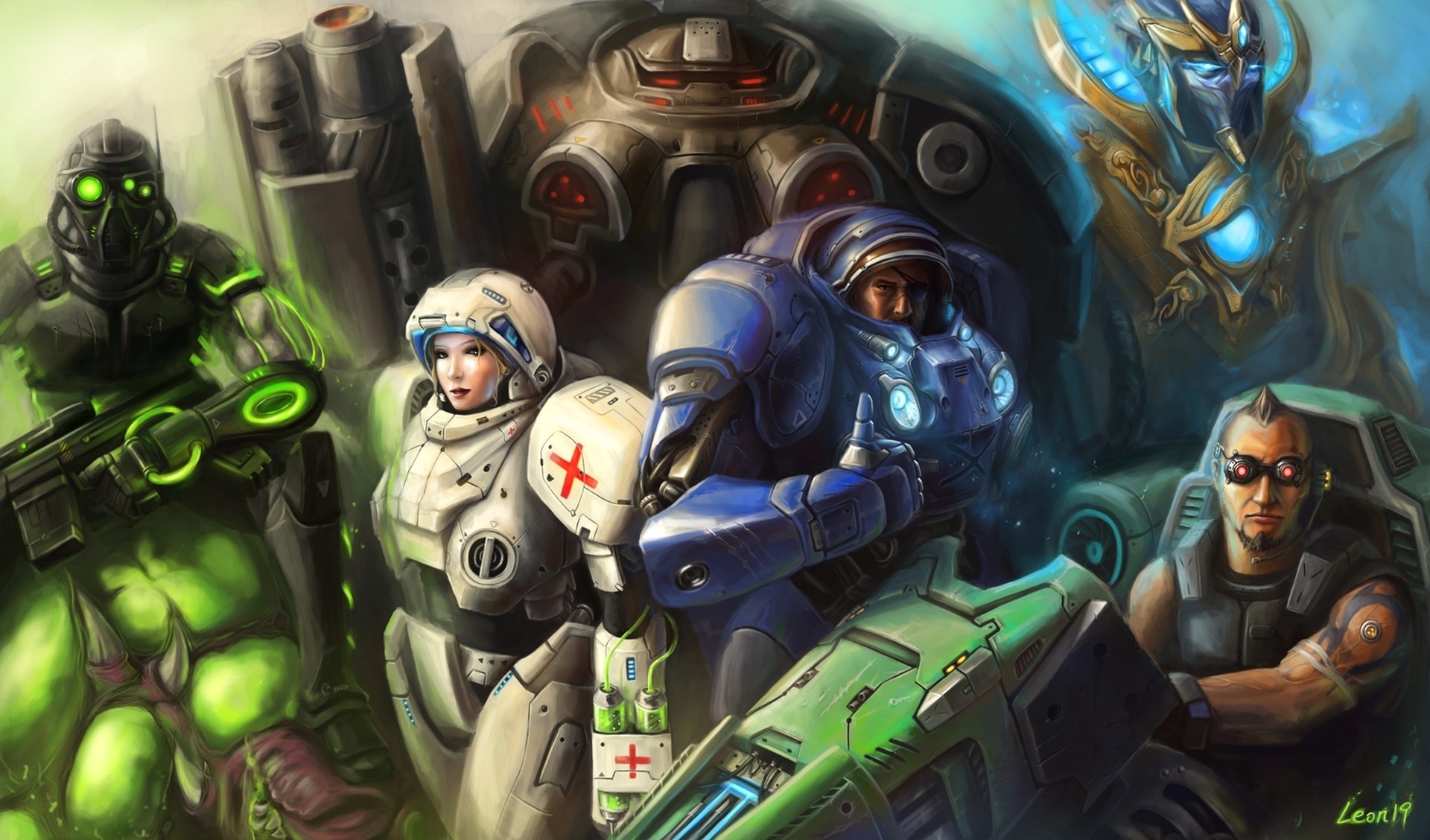 StarCraft characters: Terran Marine, Medic, Zerg, Protoss, and Ghost HD Wallpaper