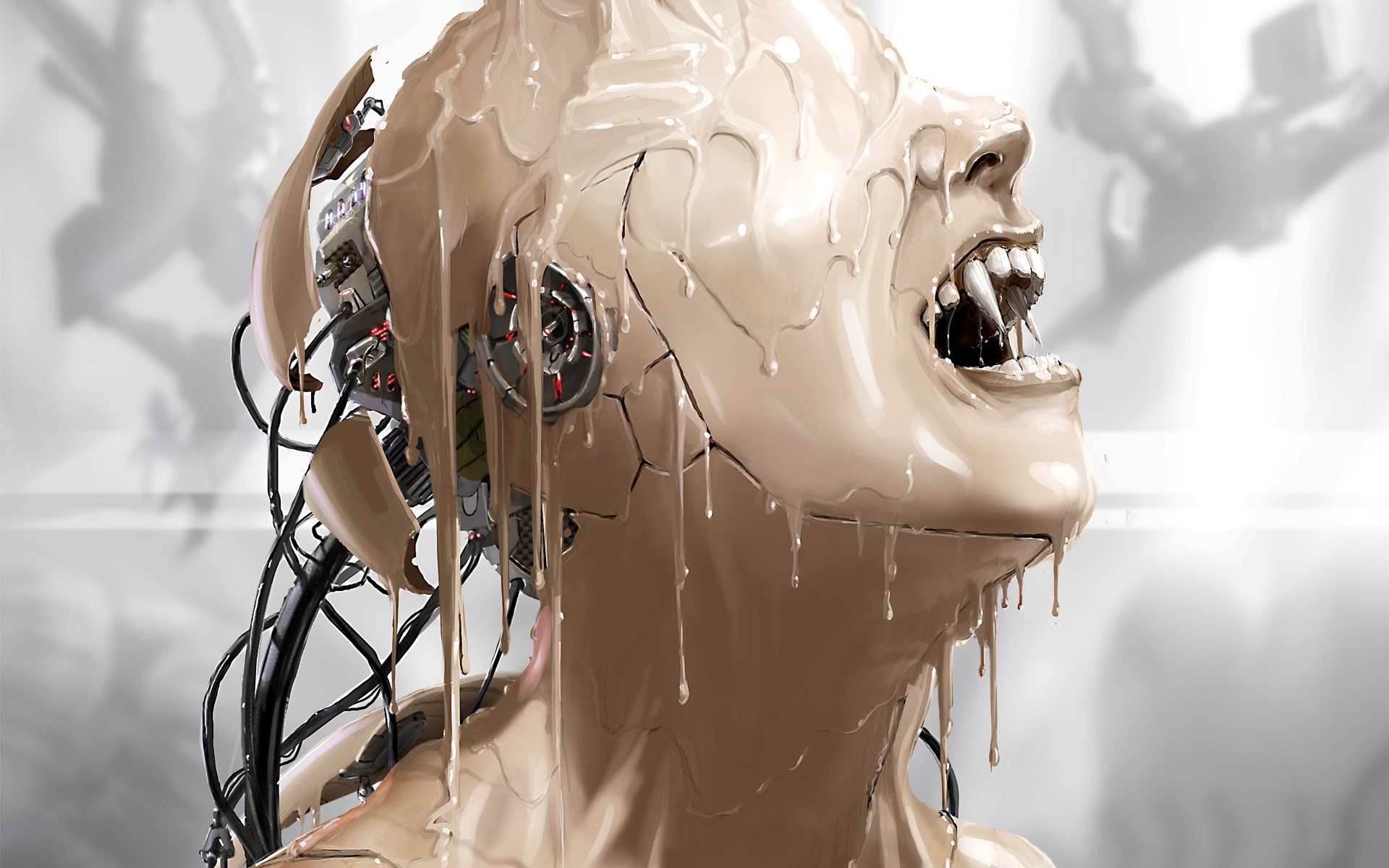 Robot head covered in dripping substance with sharp teeth HD Wallpaper