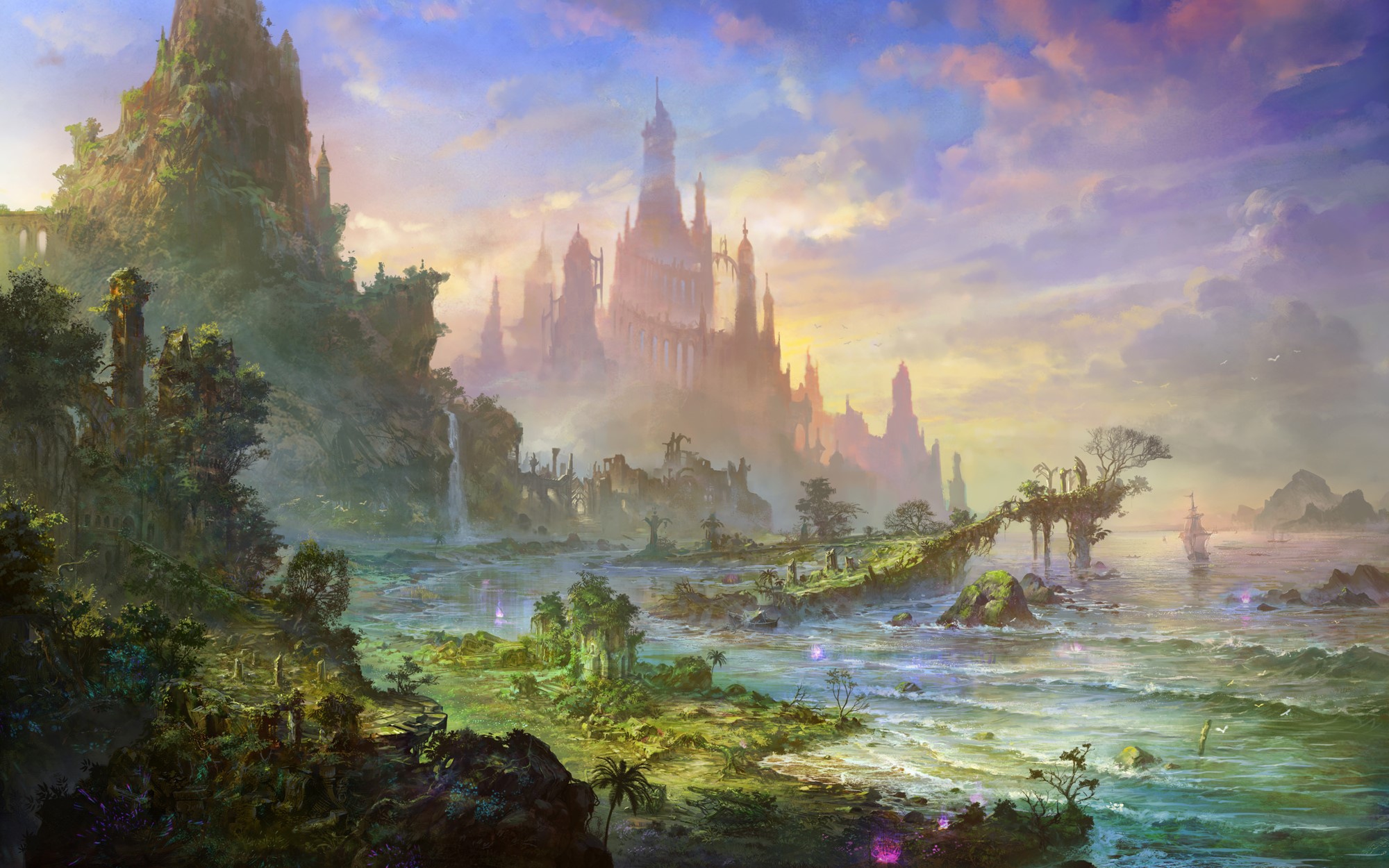 Fantasy landscape with ancient ruins and a castle HD Wallpaper