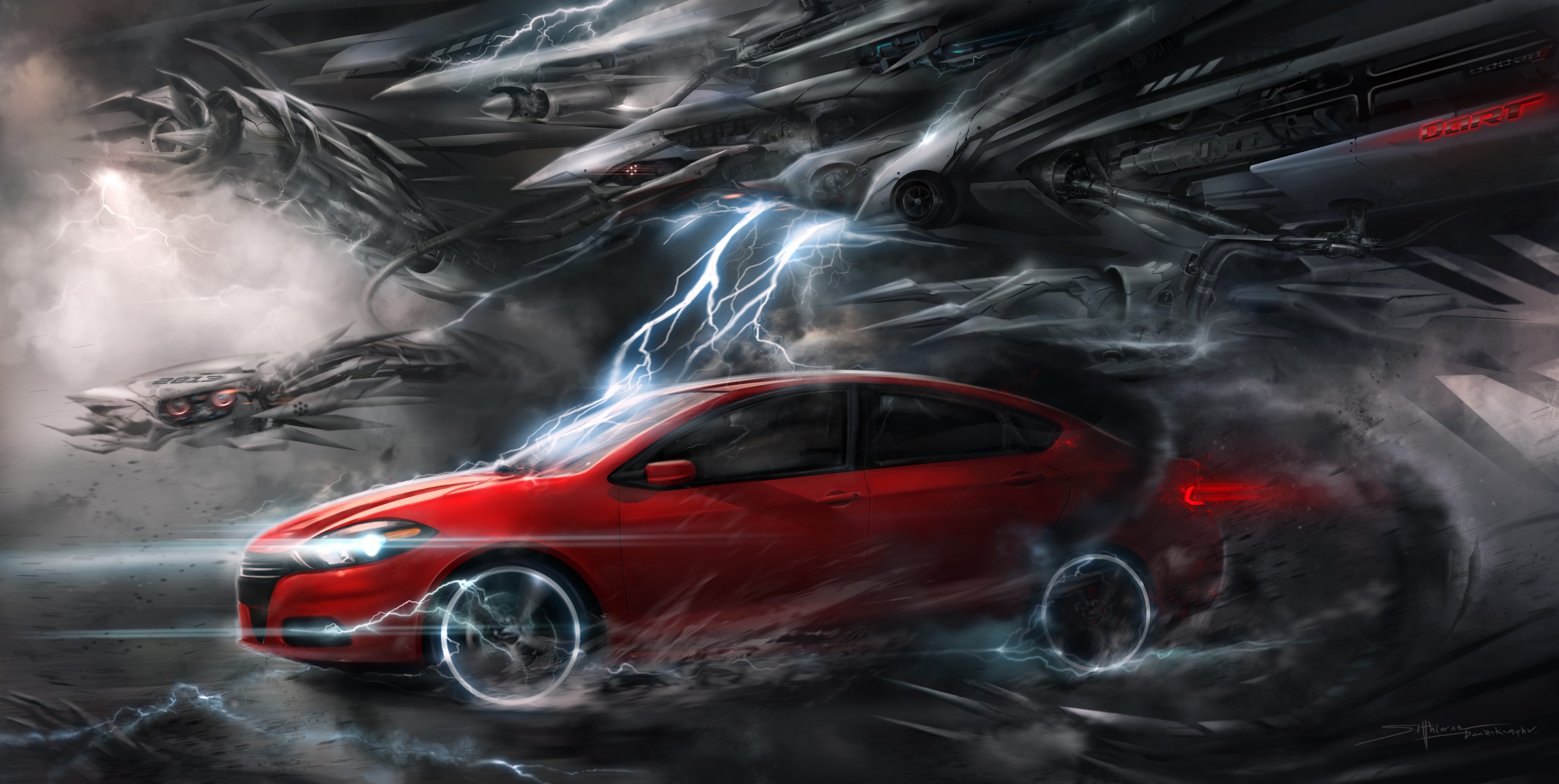 Red car and alien ships in lightning storm HD Wallpaper