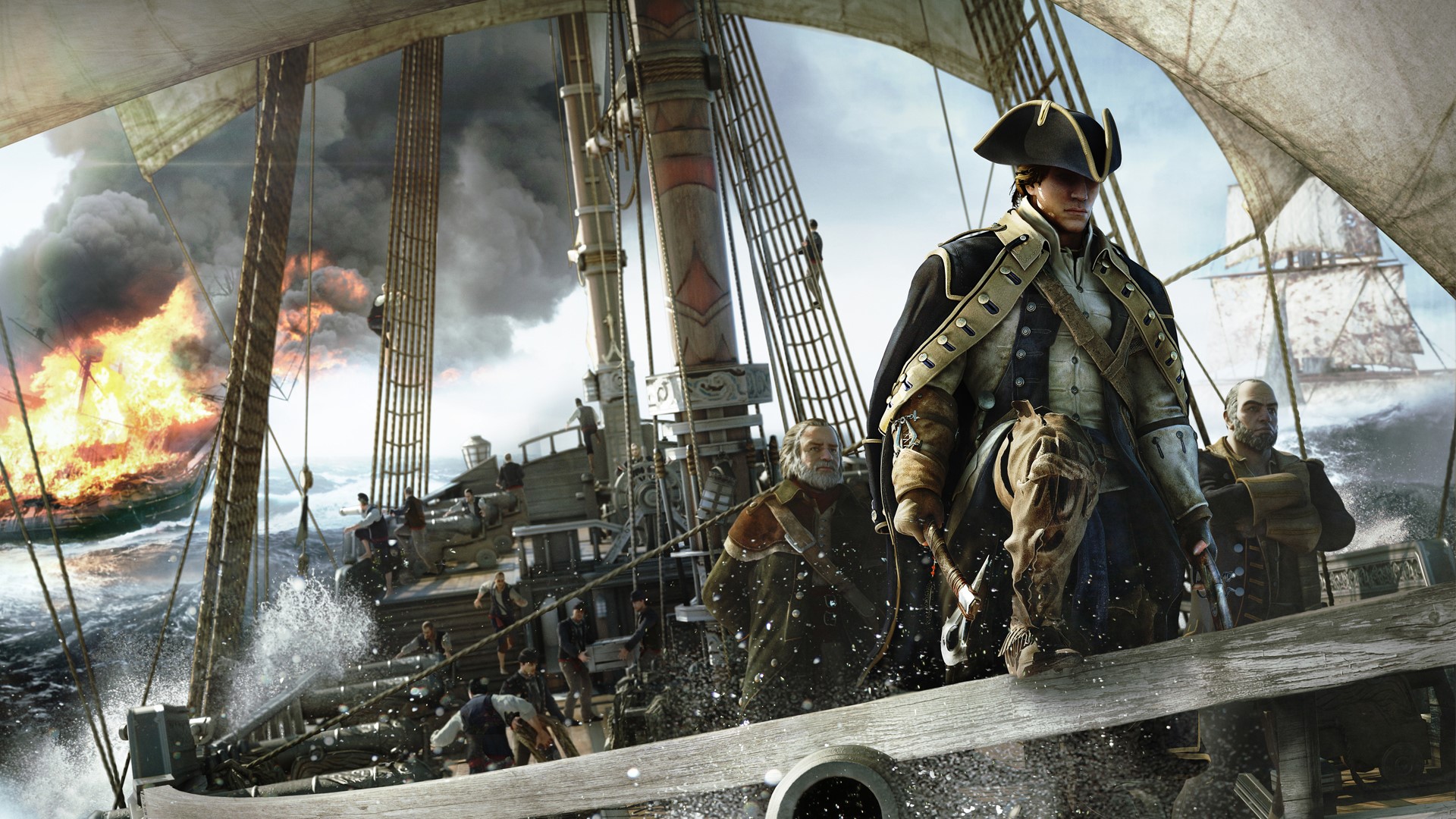 Assassin's Creed 3: Naval battle with burning ship HD Wallpaper