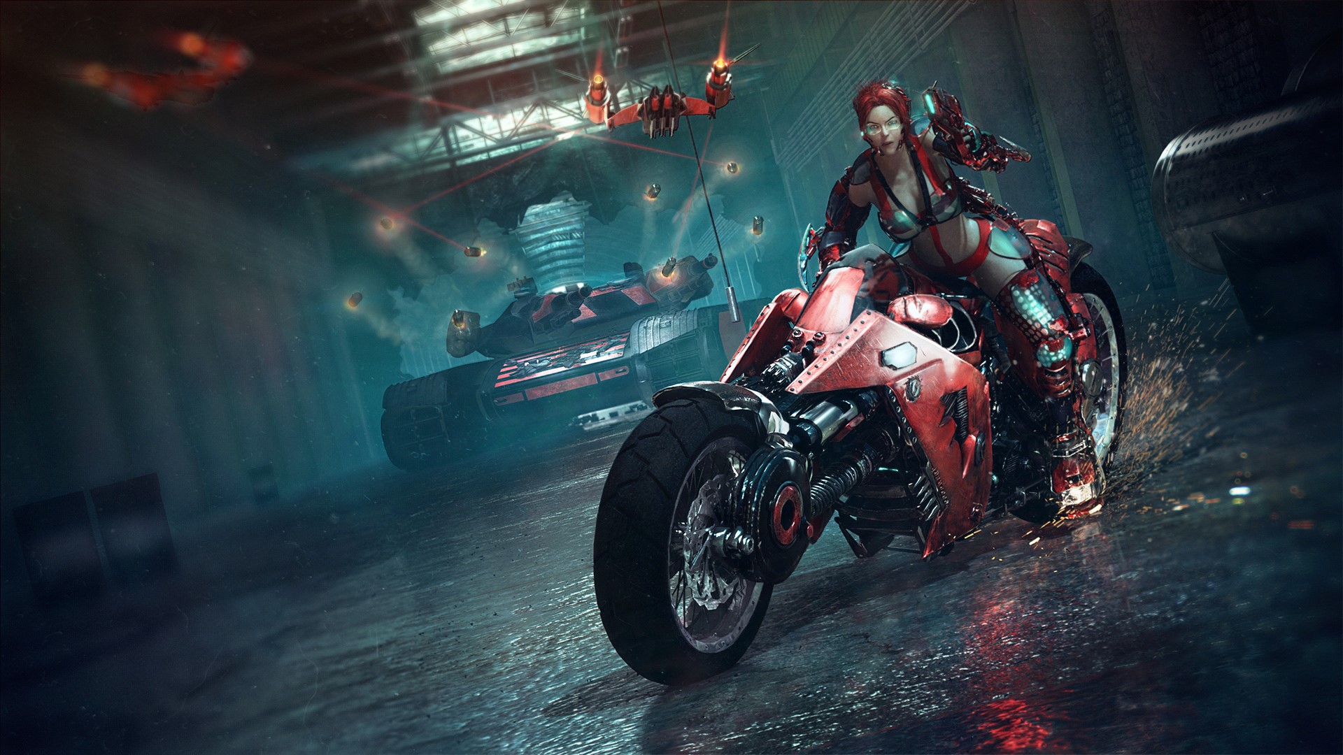 Woman in futuristic armor riding a red motorcycle HD Wallpaper