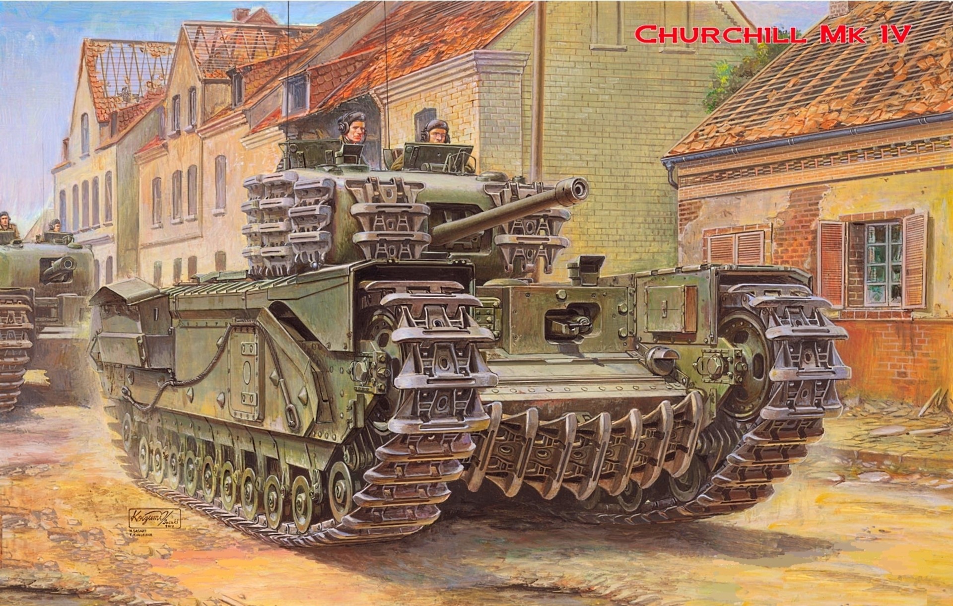 Churchill Mk IV tanks in a European town HD Wallpaper