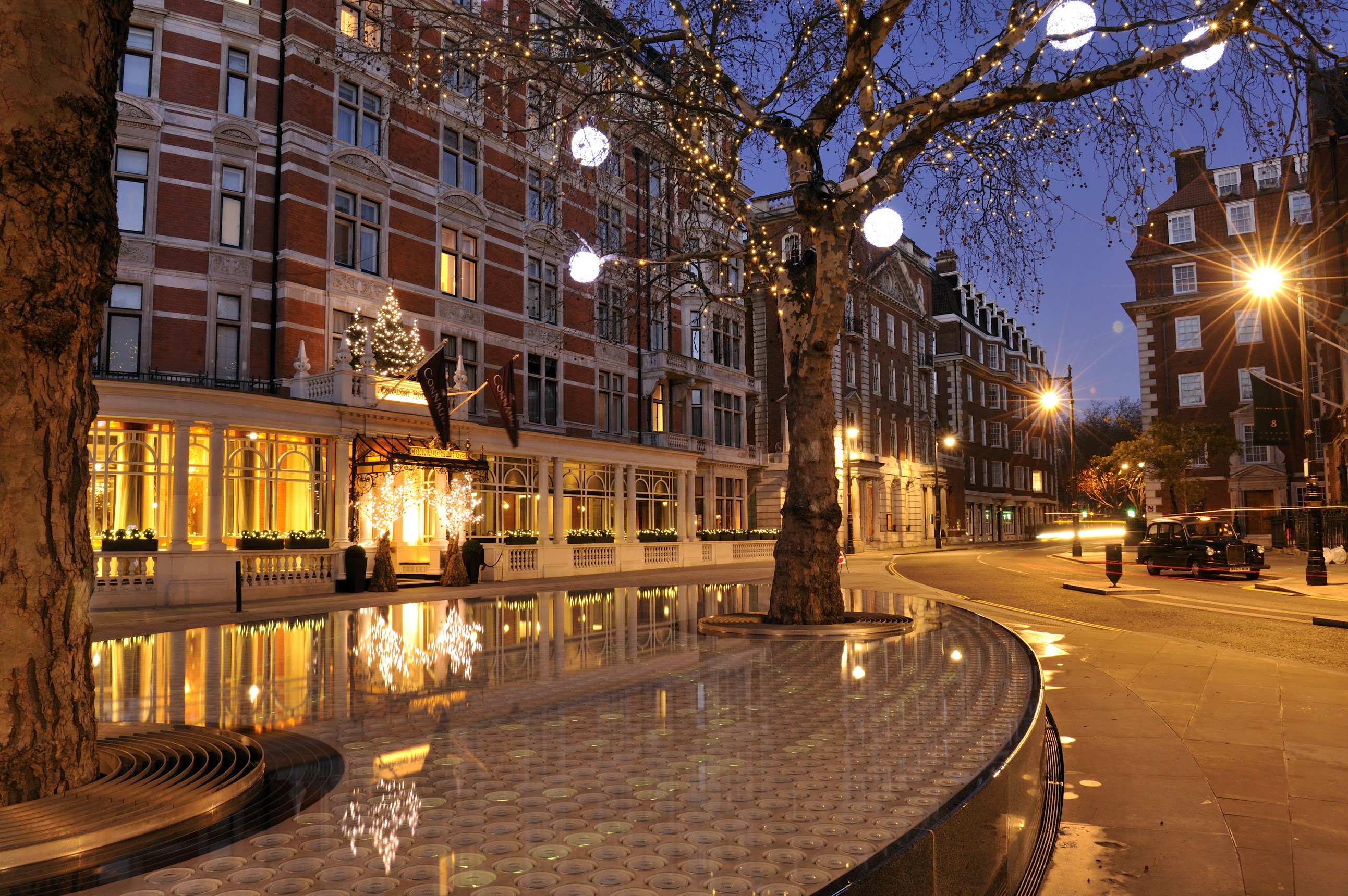 Street scene at night with illuminated building and tree HD Wallpaper