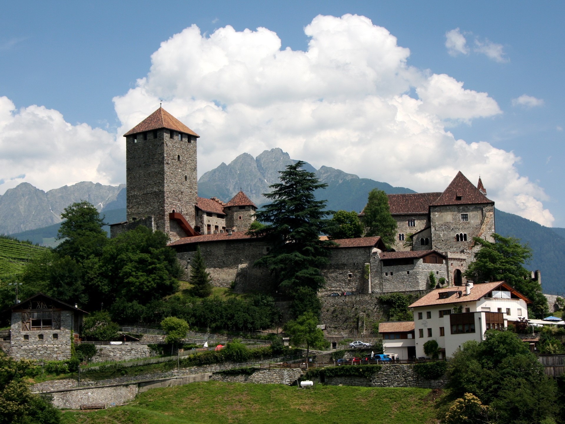 Tirolo Castle in Italy with Mountains HD Wallpaper