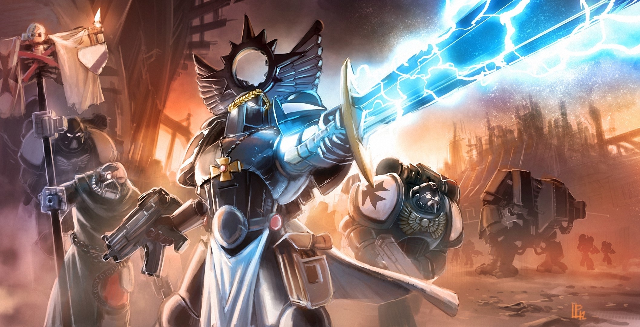Warhammer 40,000 characters with glowing sword HD Wallpaper