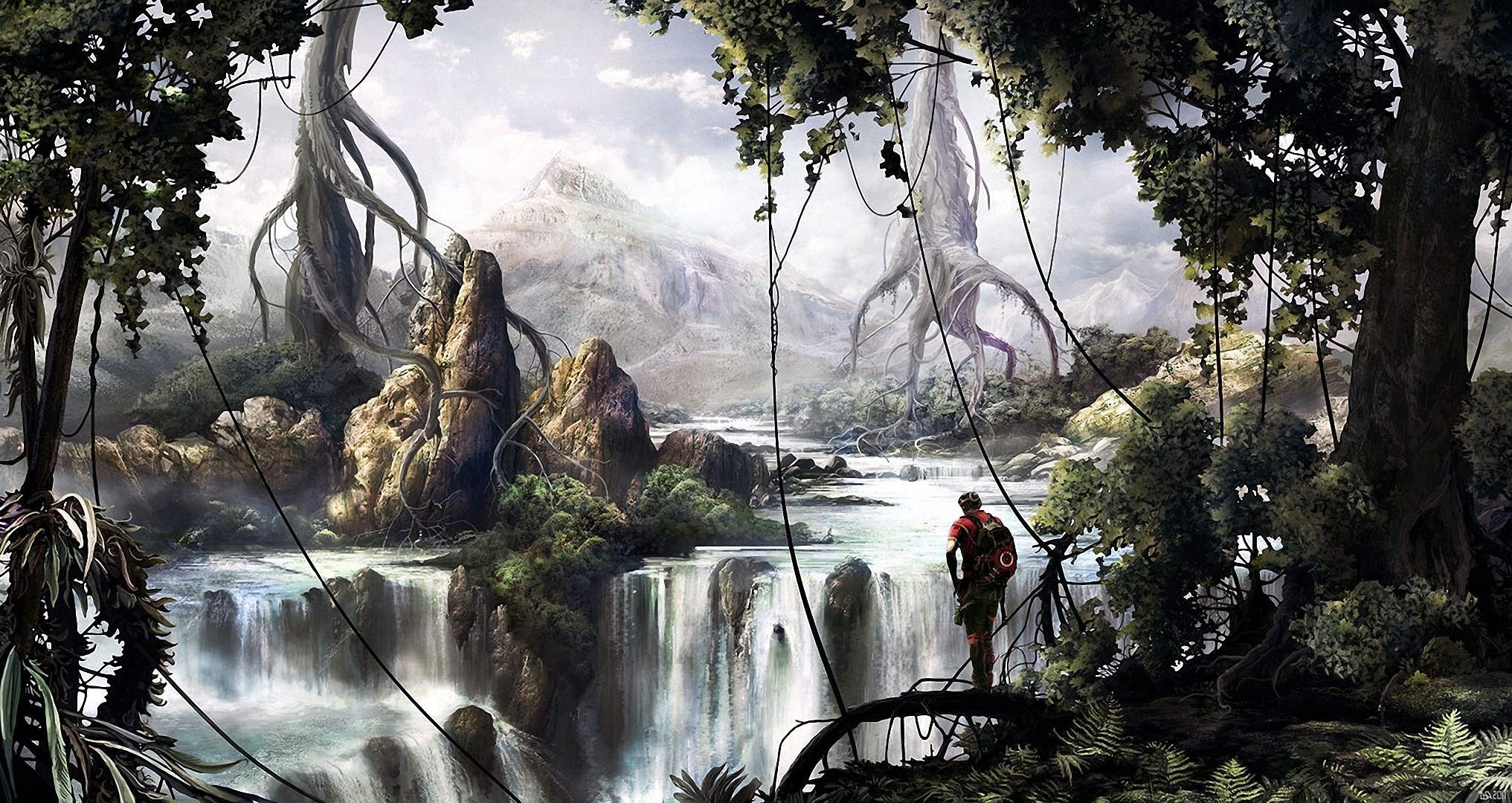 Fantastic world with waterfalls and mountains HD Wallpaper