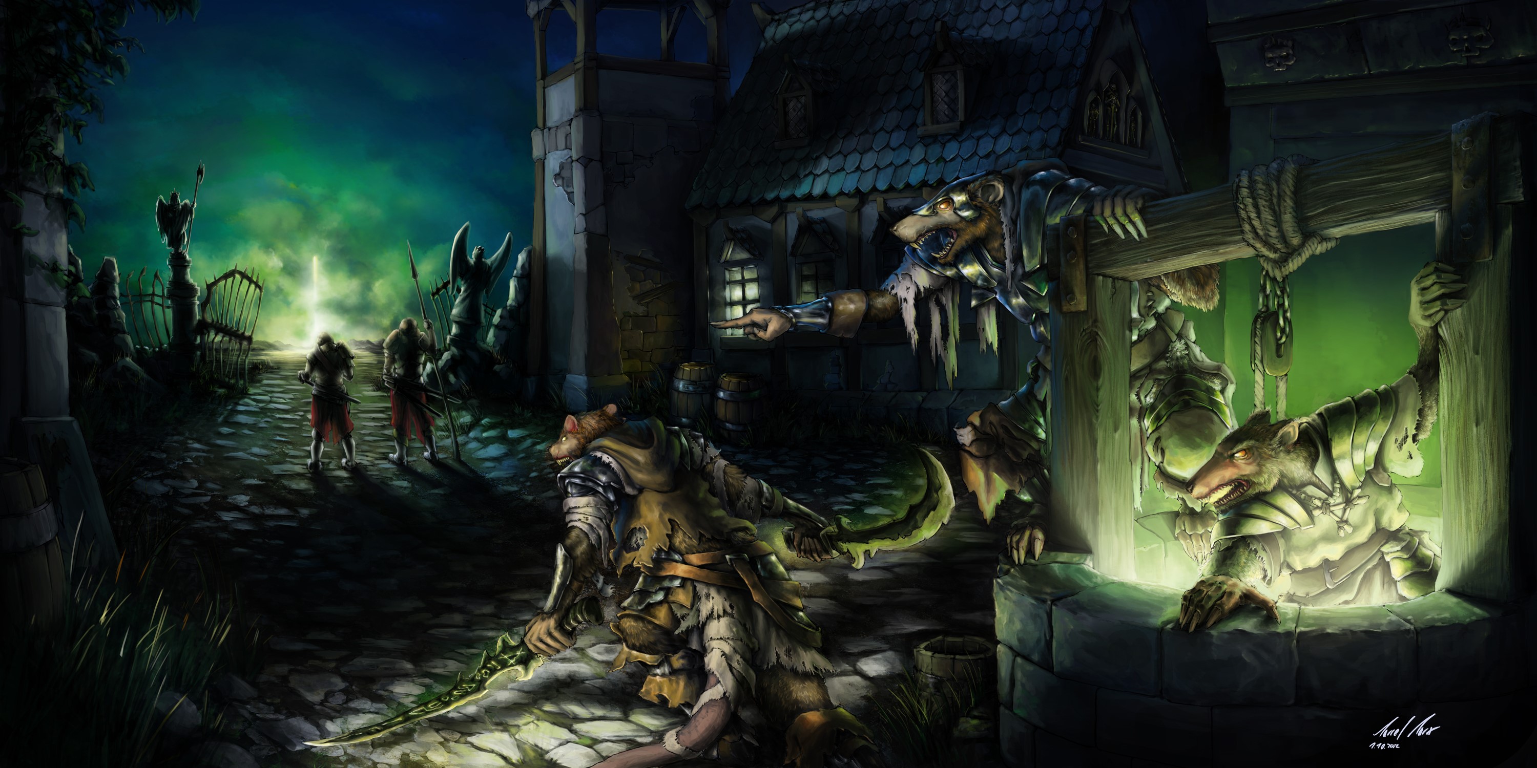 Ratmen warriors in a dark fantasy village HD Wallpaper
