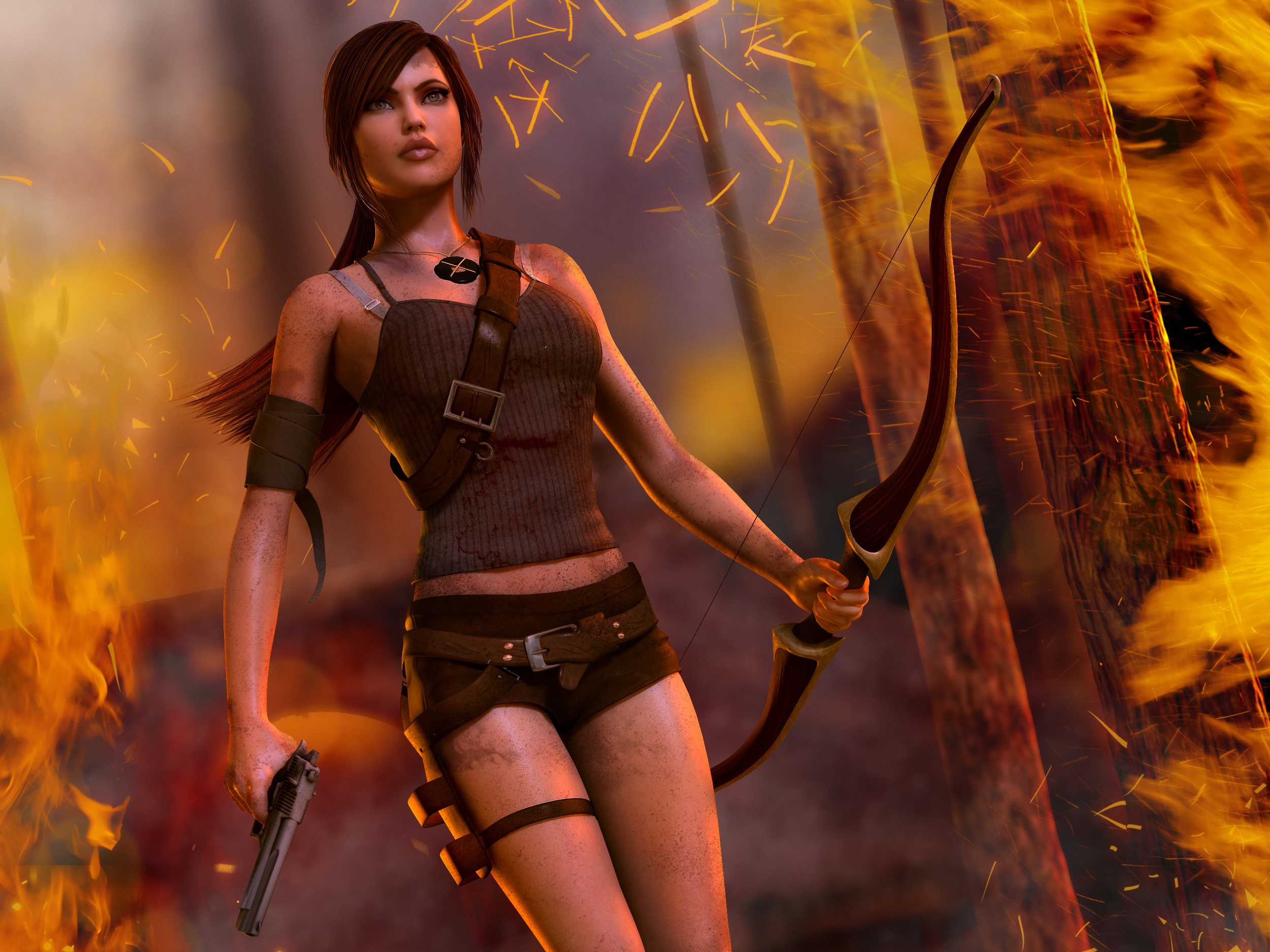Lara Croft with bow and pistol in fire HD Wallpaper
