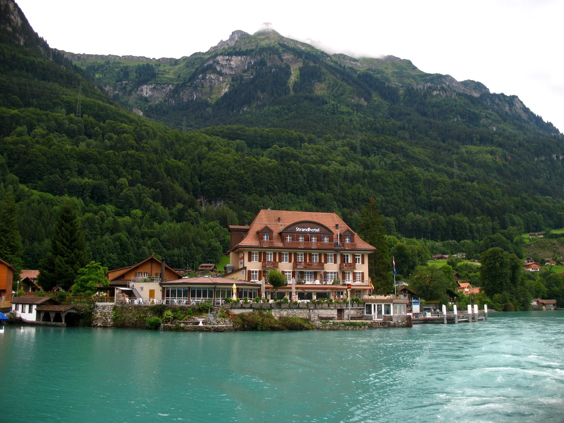 Strandhotel Iseltwald on Lake Brienz, Switzerland HD Wallpaper