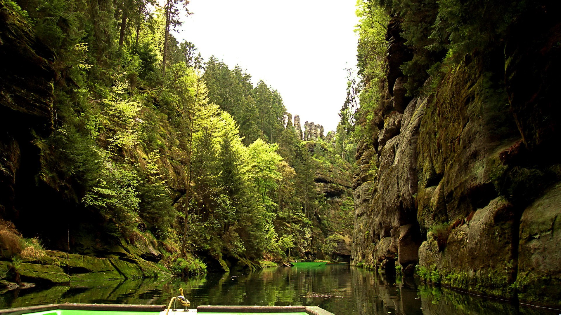 Boat on a river through a forest canyon HD Wallpaper
