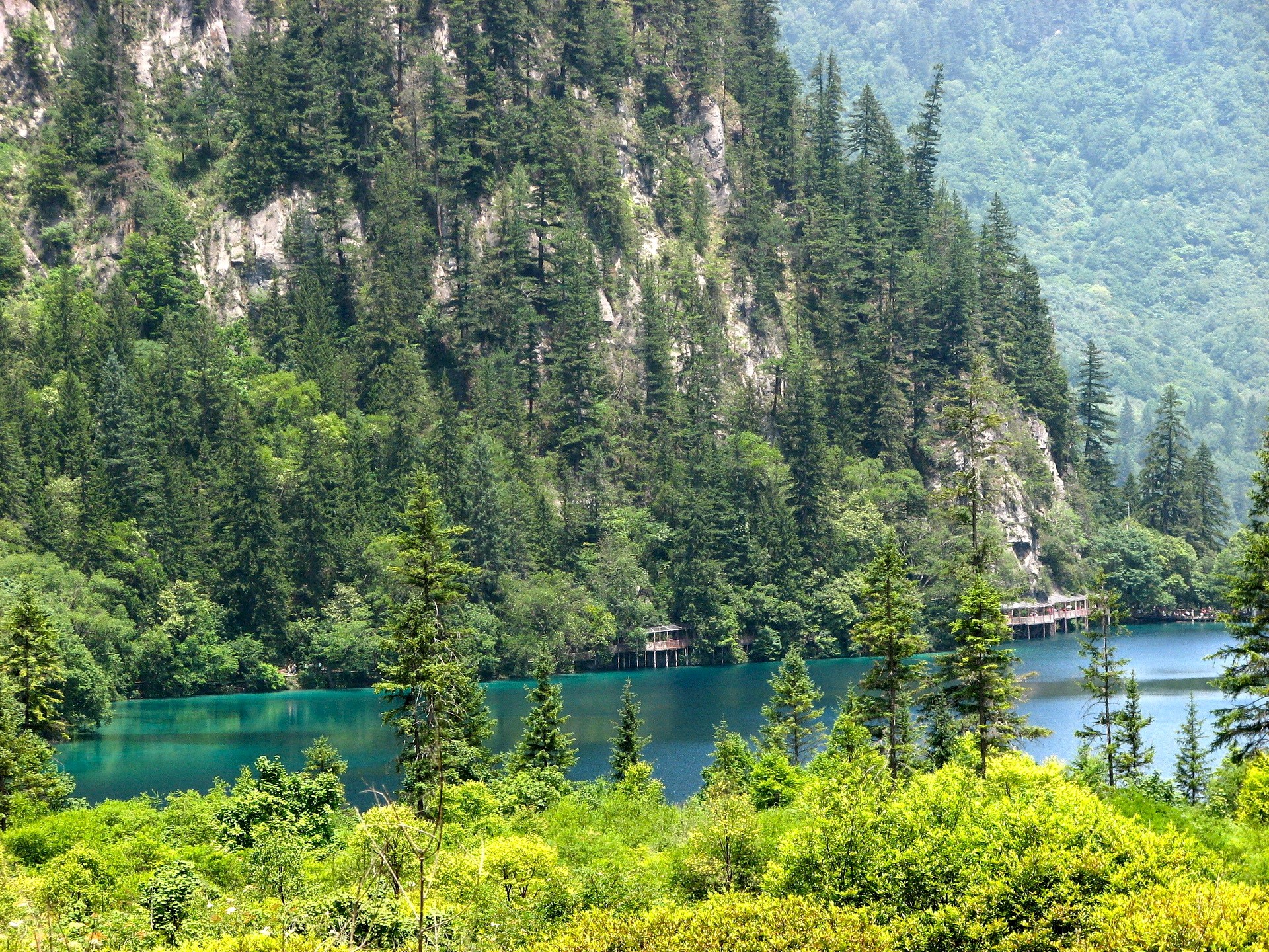 Turquoise lake surrounded by trees in Jiuzhaigou Valley, China HD Wallpaper