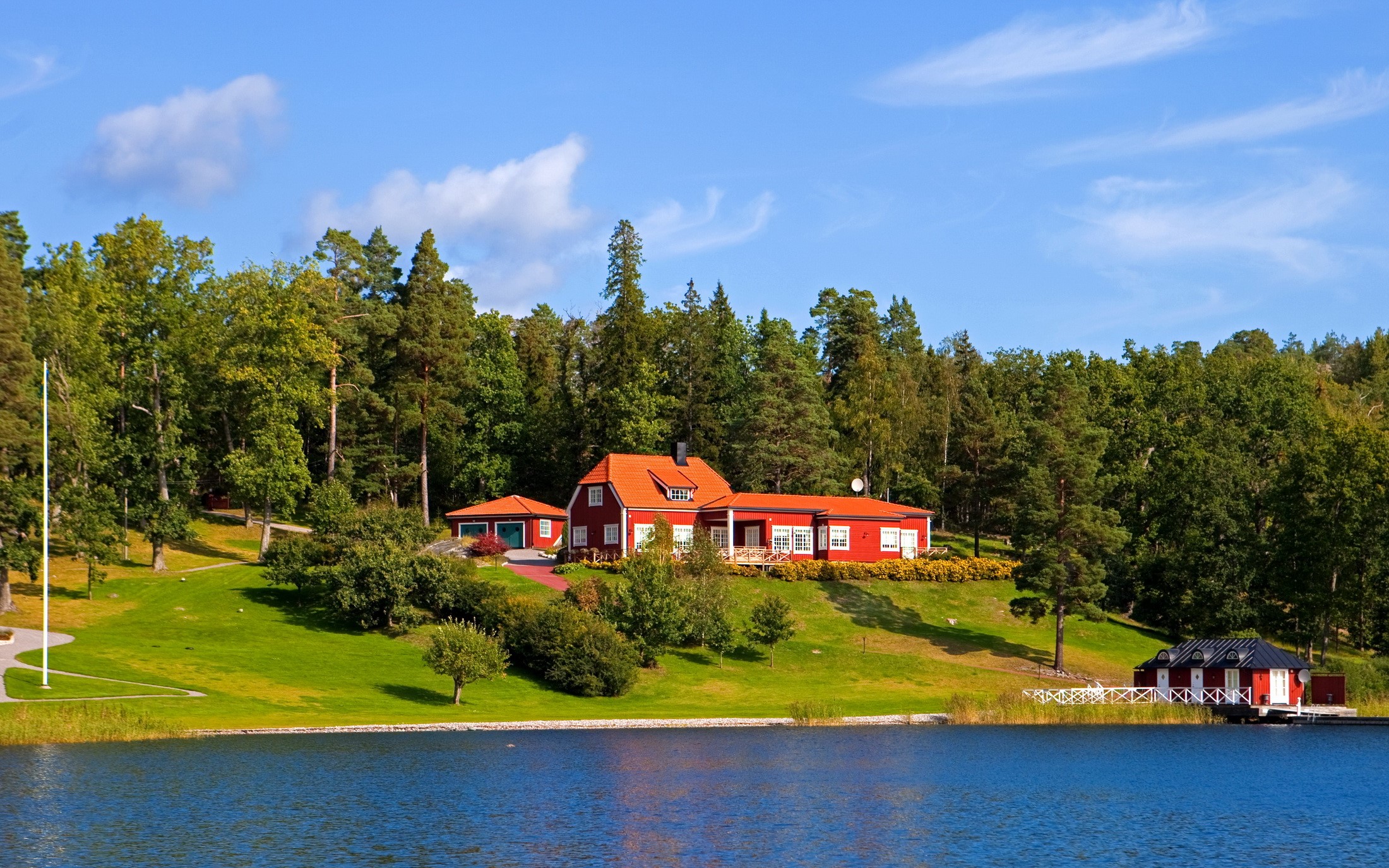 Red houses by a lake in Sweden HD Wallpaper