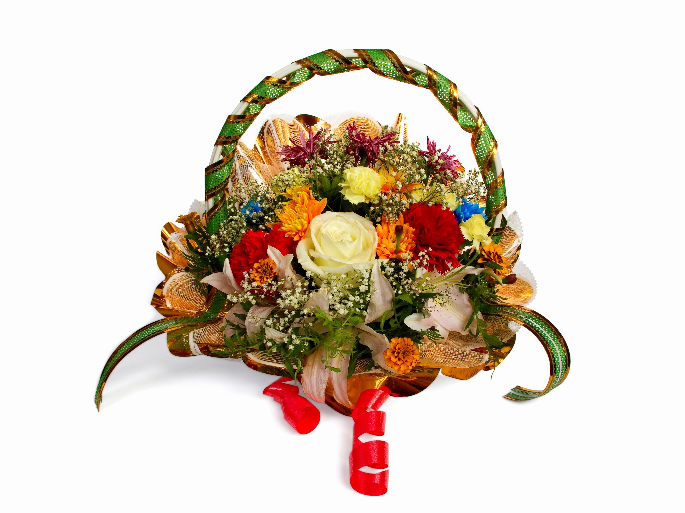 Flower basket with chocolates and ribbons HD Wallpaper