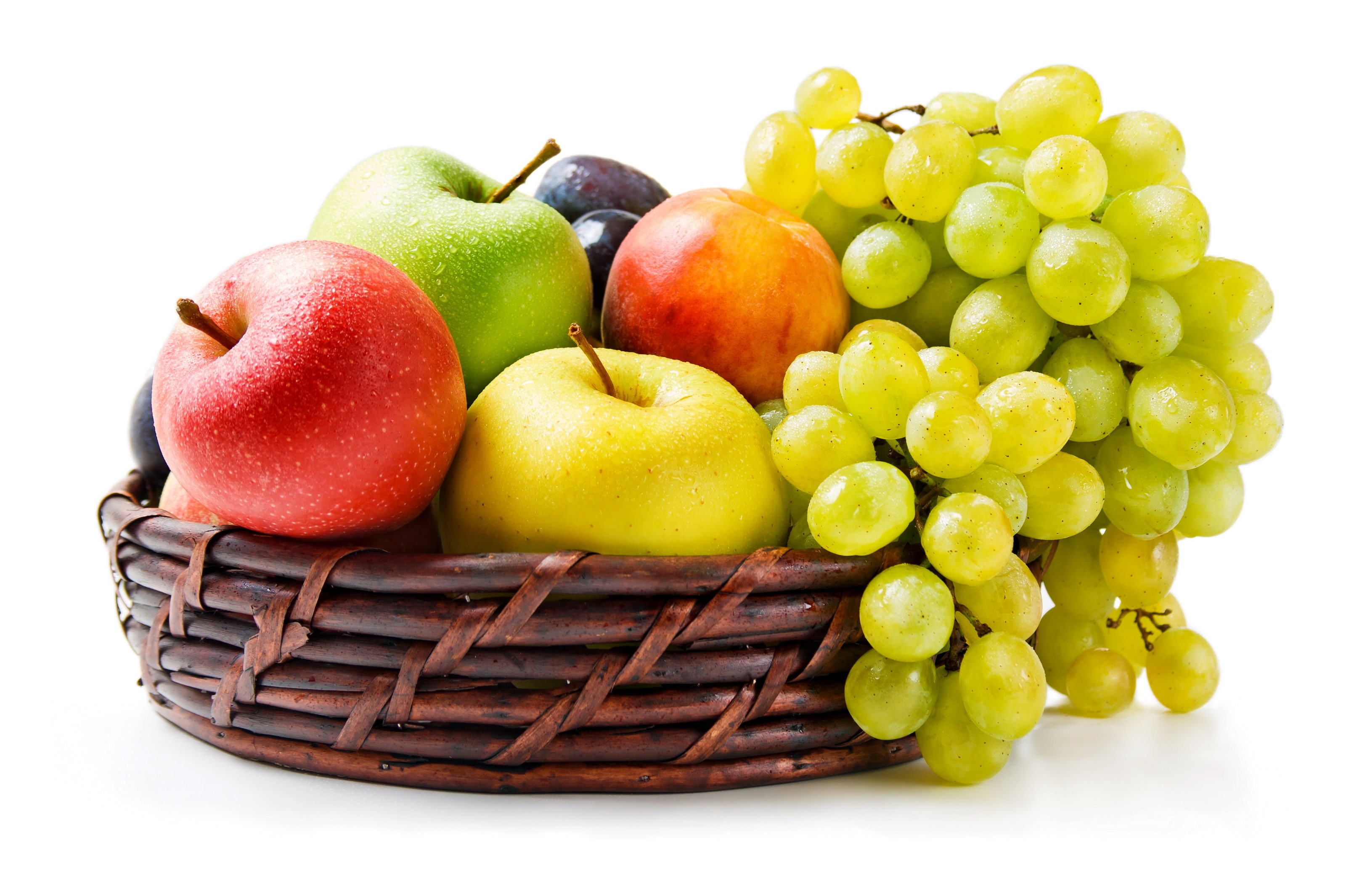 Basket of fresh fruit including apples, grapes, and plums HD Wallpaper