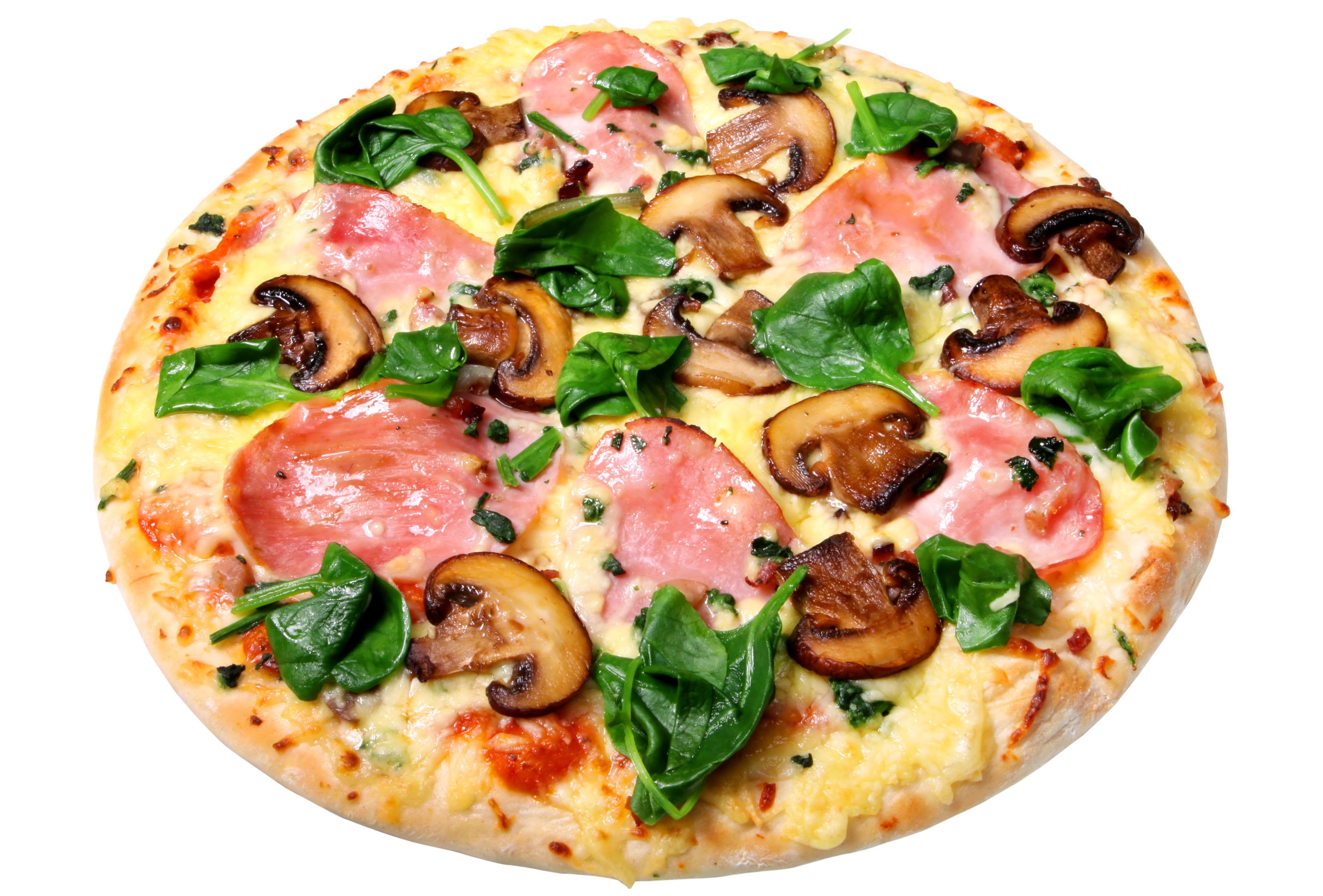 Pizza with mushrooms, ham, and spinach HD Wallpaper