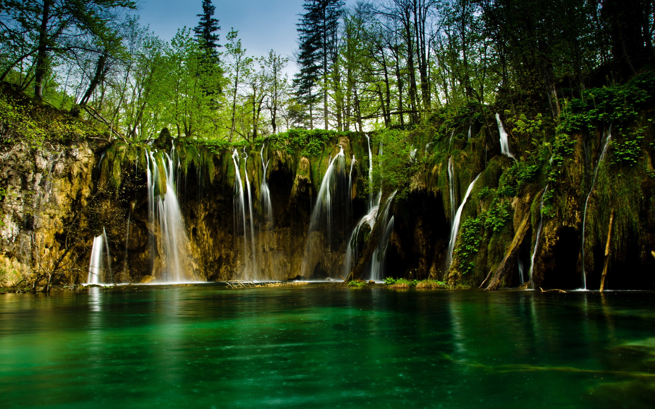 Waterfalls cascading into a turquoise lake in a forest HD Wallpaper