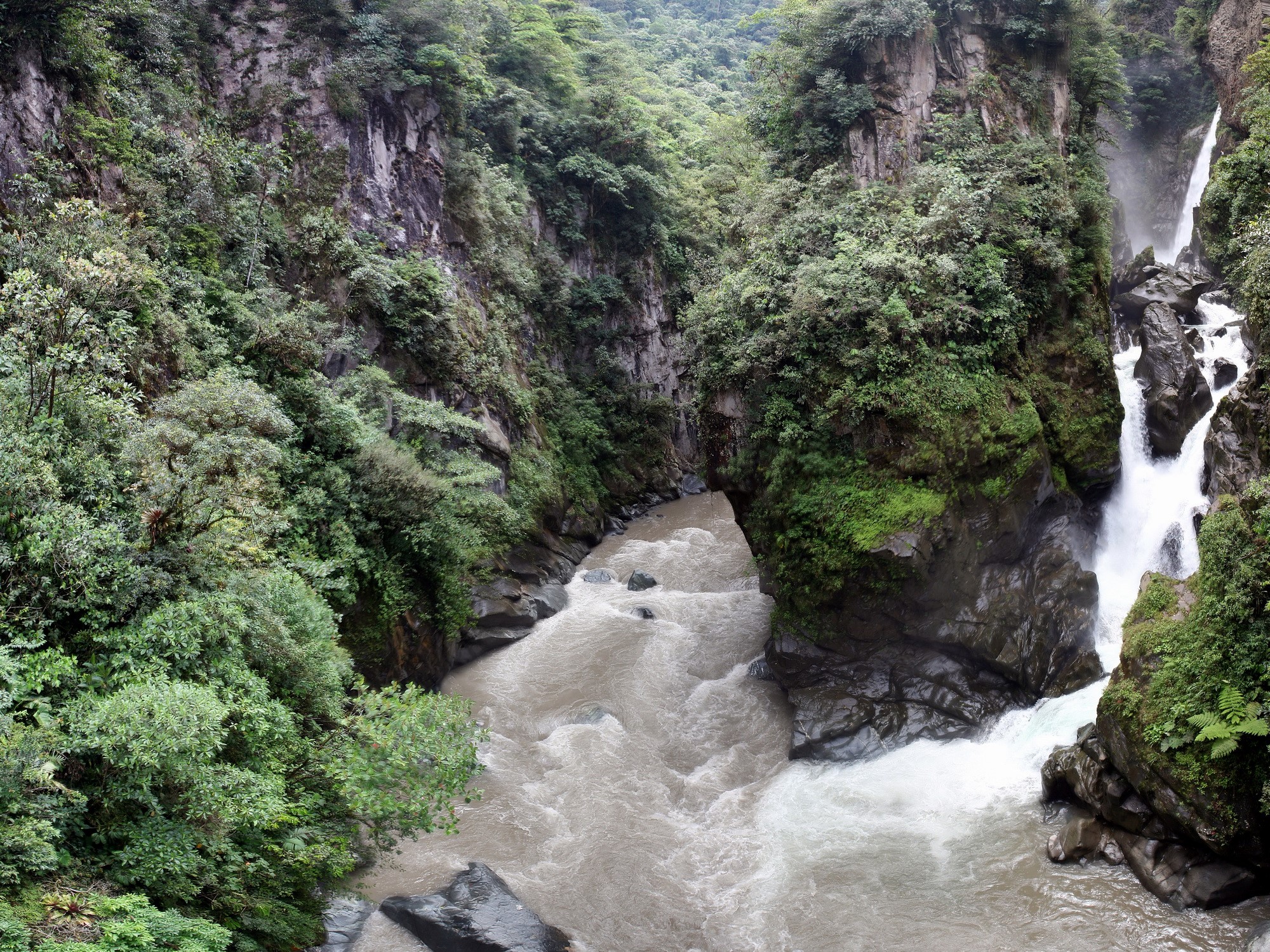 Waterfall cascading into a river canyon HD Wallpaper