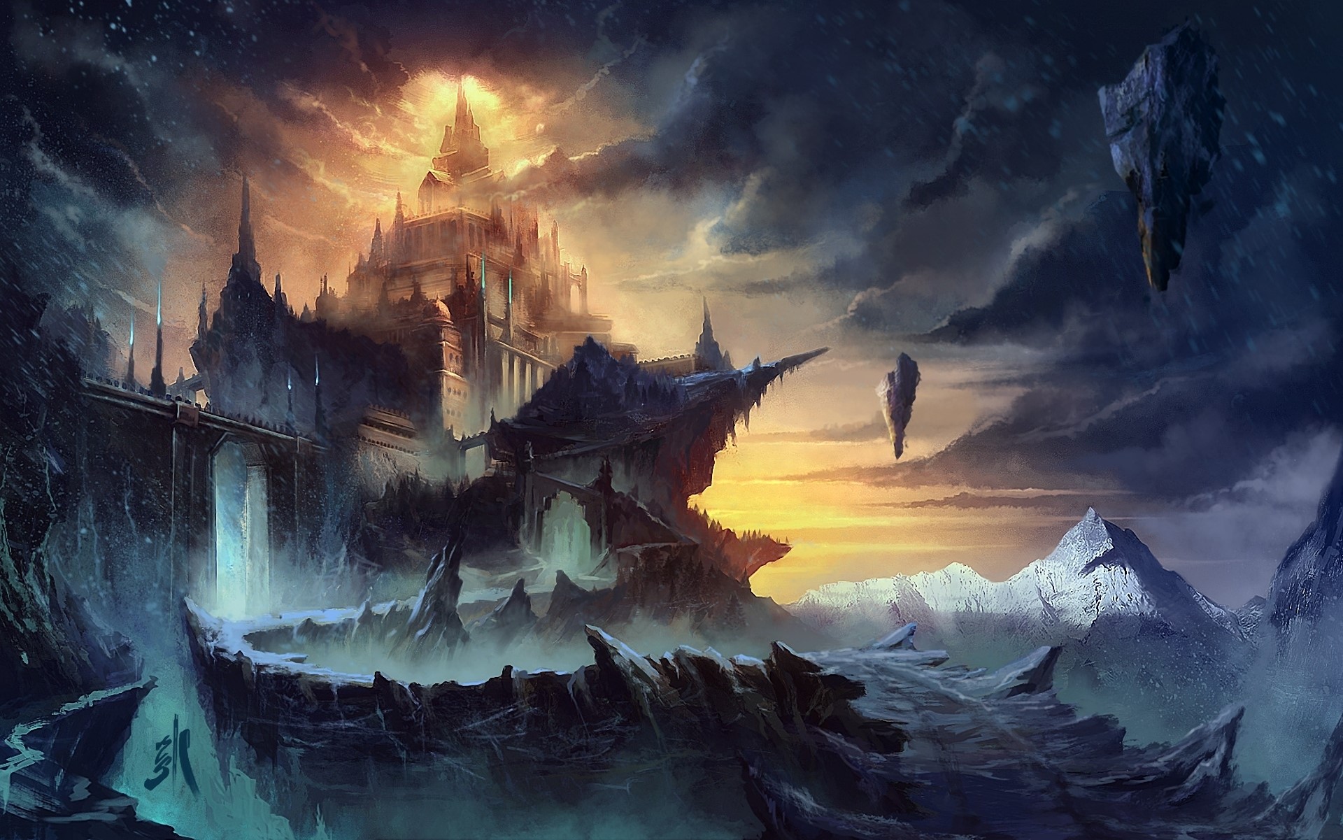 Fantasy castle on a cliff with floating islands HD Wallpaper