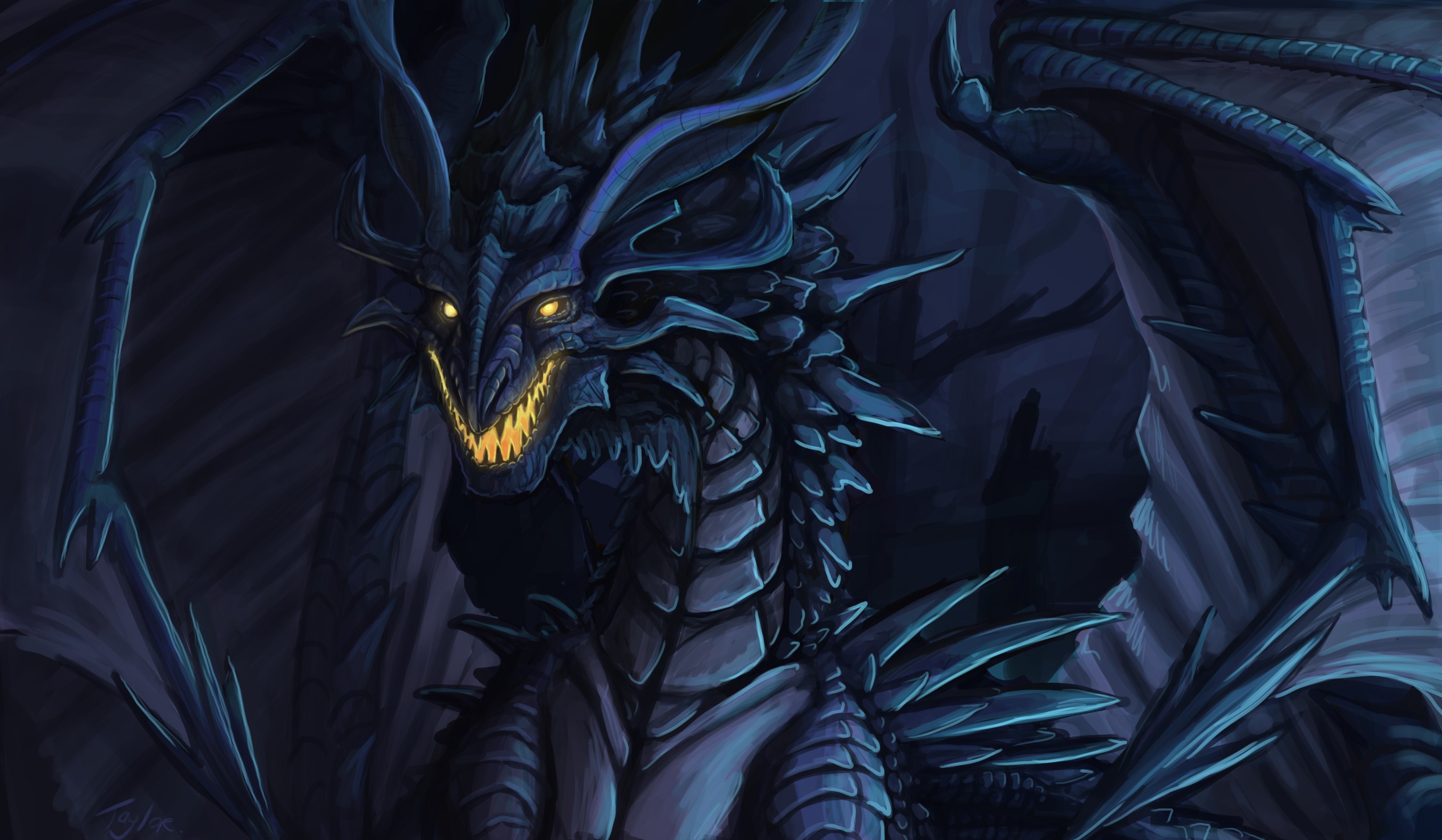 A dark, menacing dragon with glowing yellow eyes HD Wallpaper