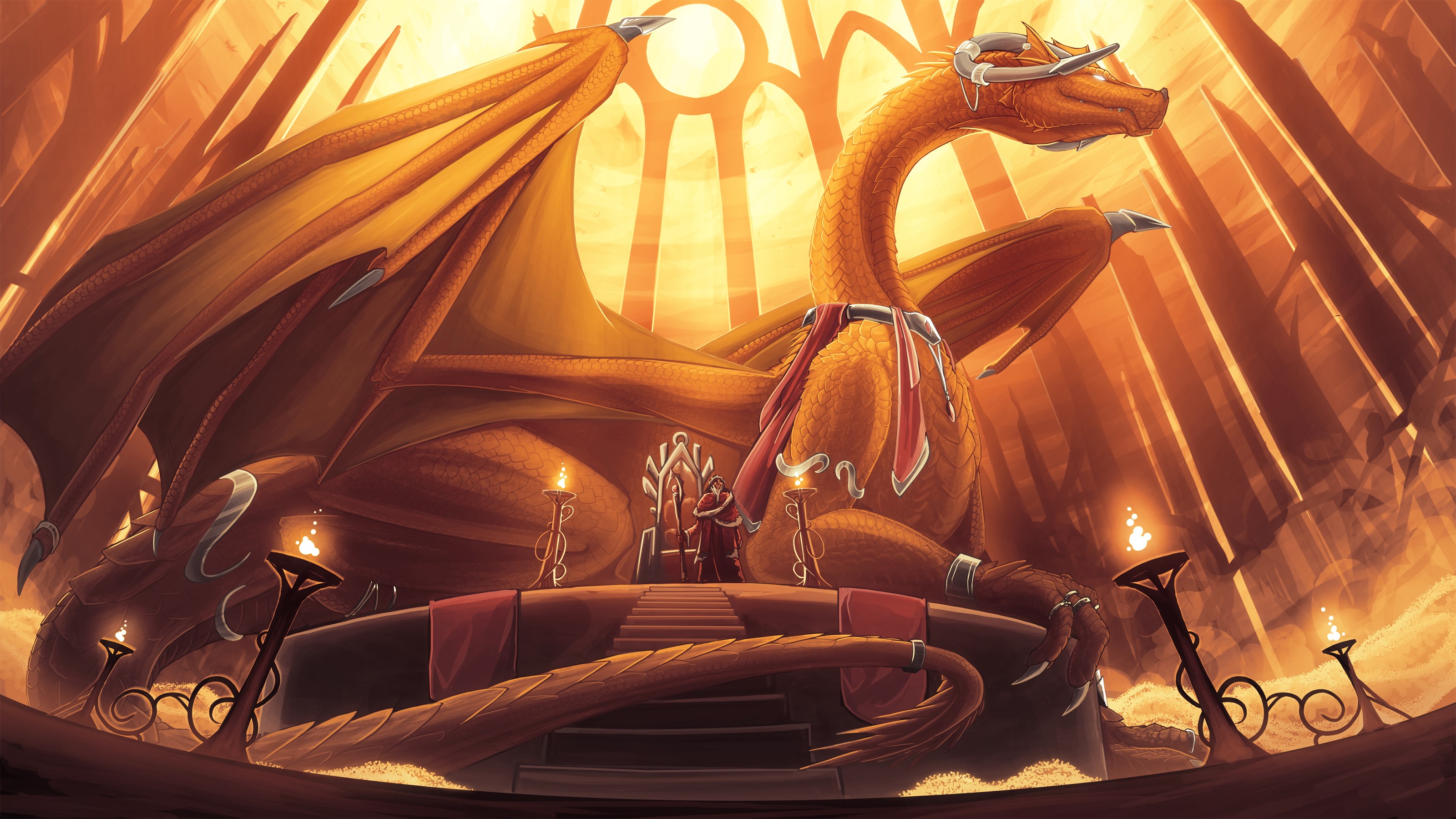 Dragon on a throne with a person HD Wallpaper