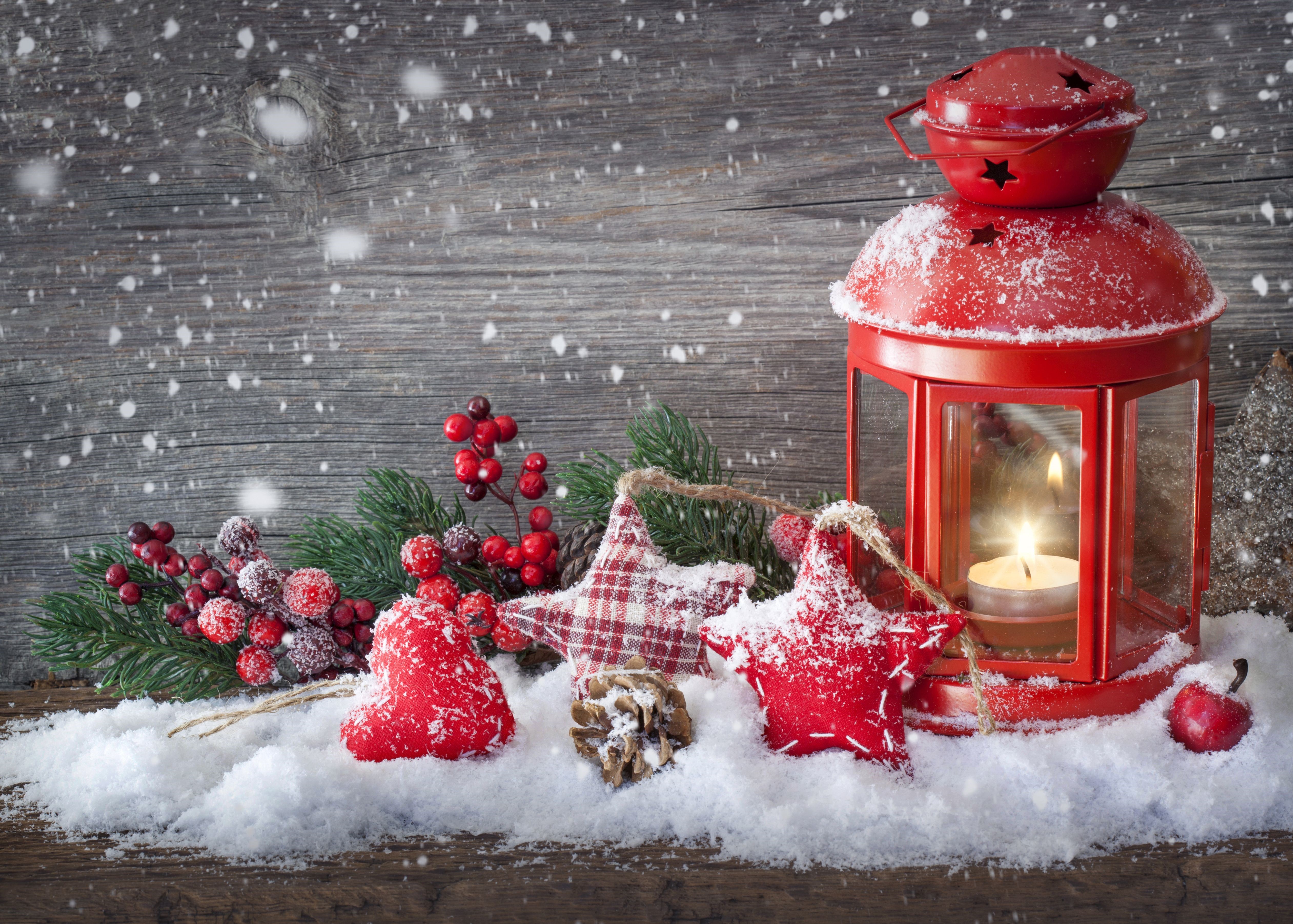 Christmas lantern with ornaments and snow HD Wallpaper