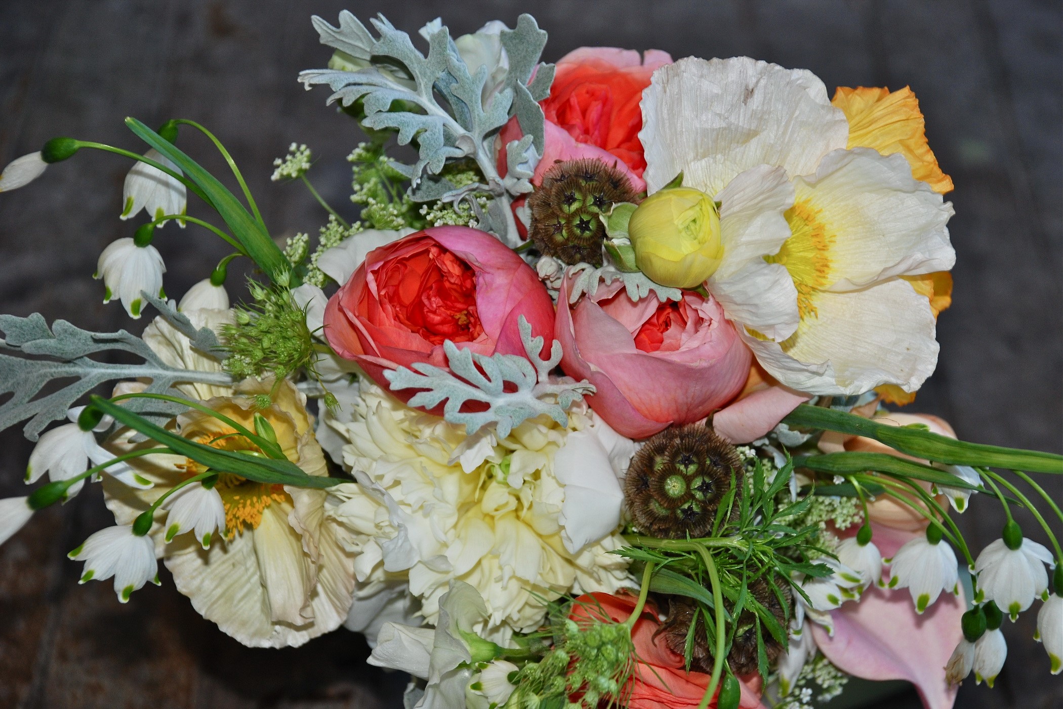 Bouquet of assorted flowers and greenery HD Wallpaper