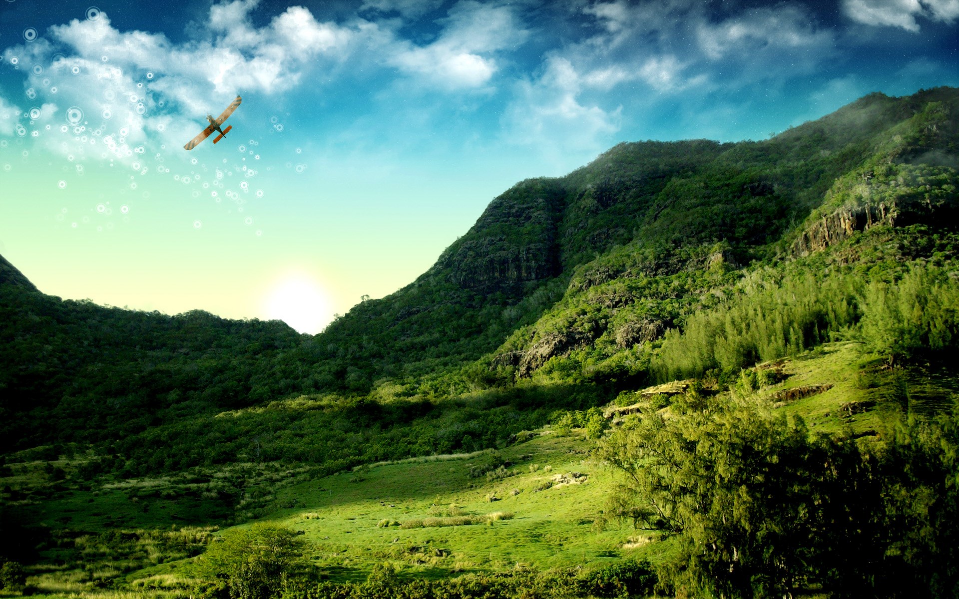 Airplane flying over green mountains at sunset HD Wallpaper