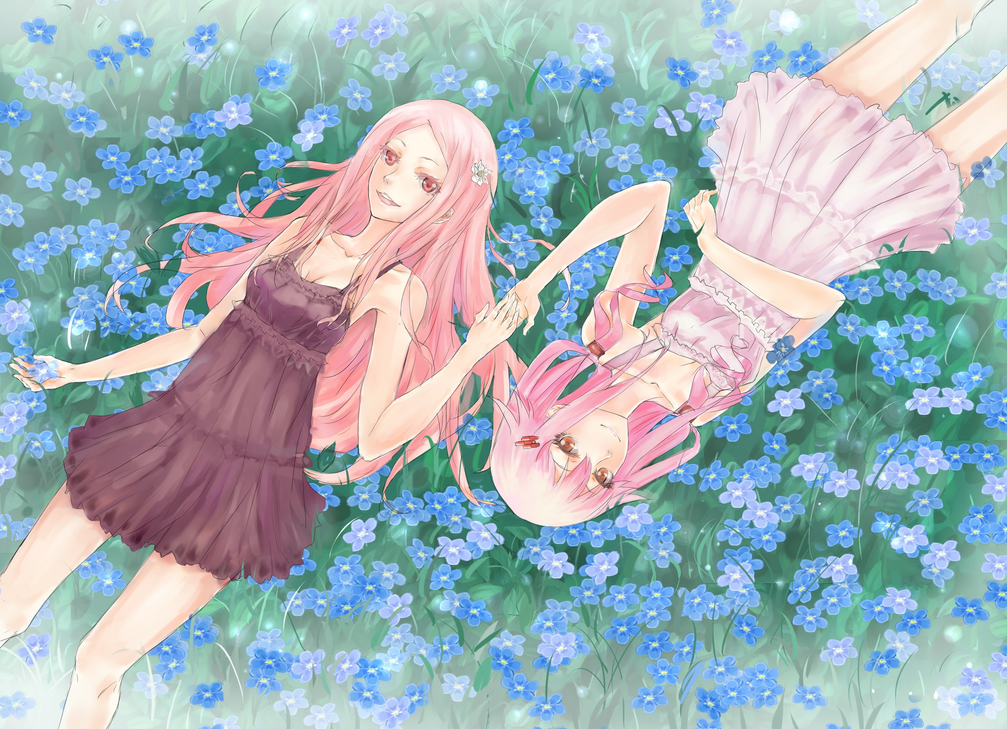 Inori Yuzuriha and Mana Ouma from Guilty Crown lying in flowers HD Wallpaper