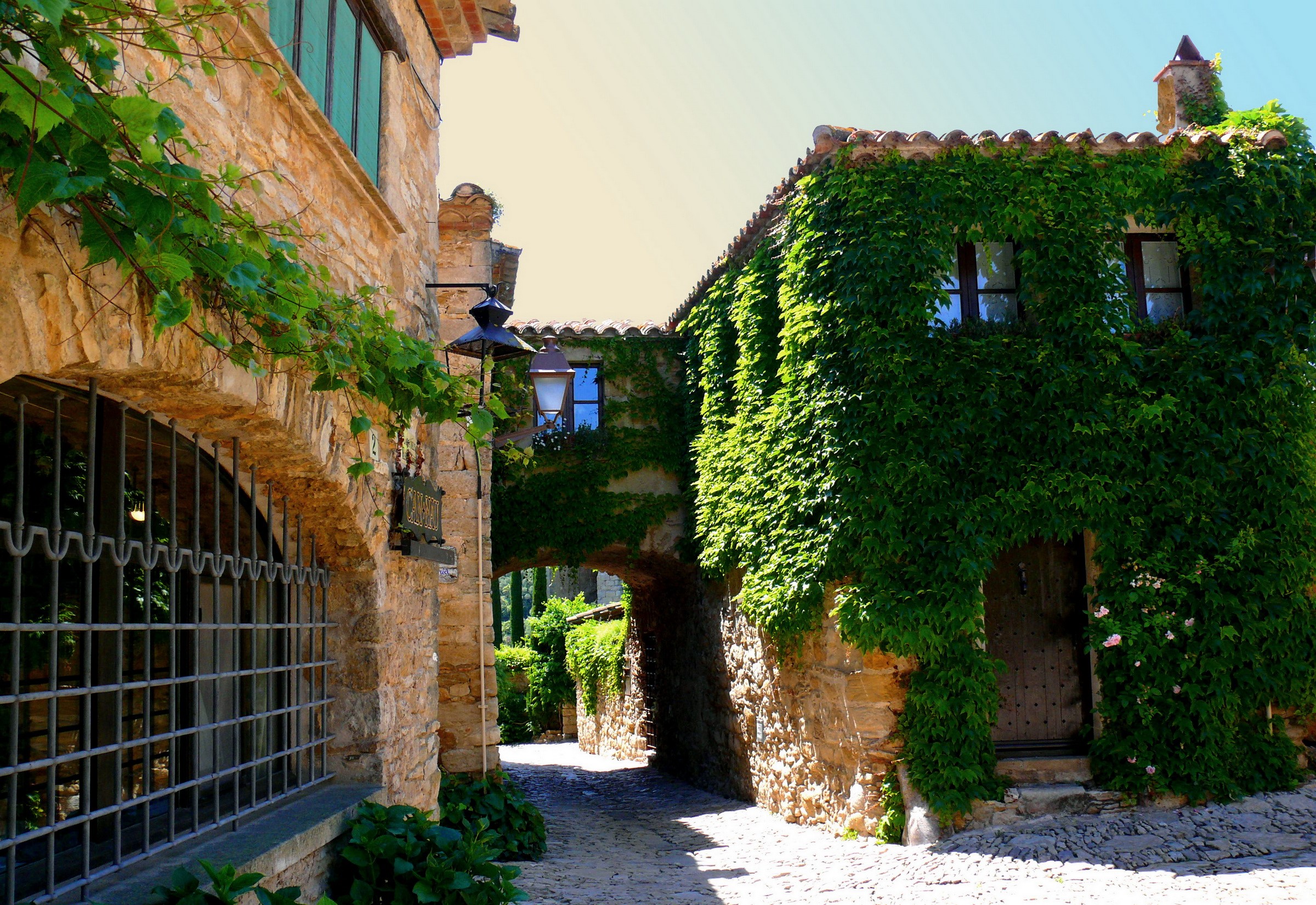 Stone buildings covered in ivy in a Spanish village HD Wallpaper