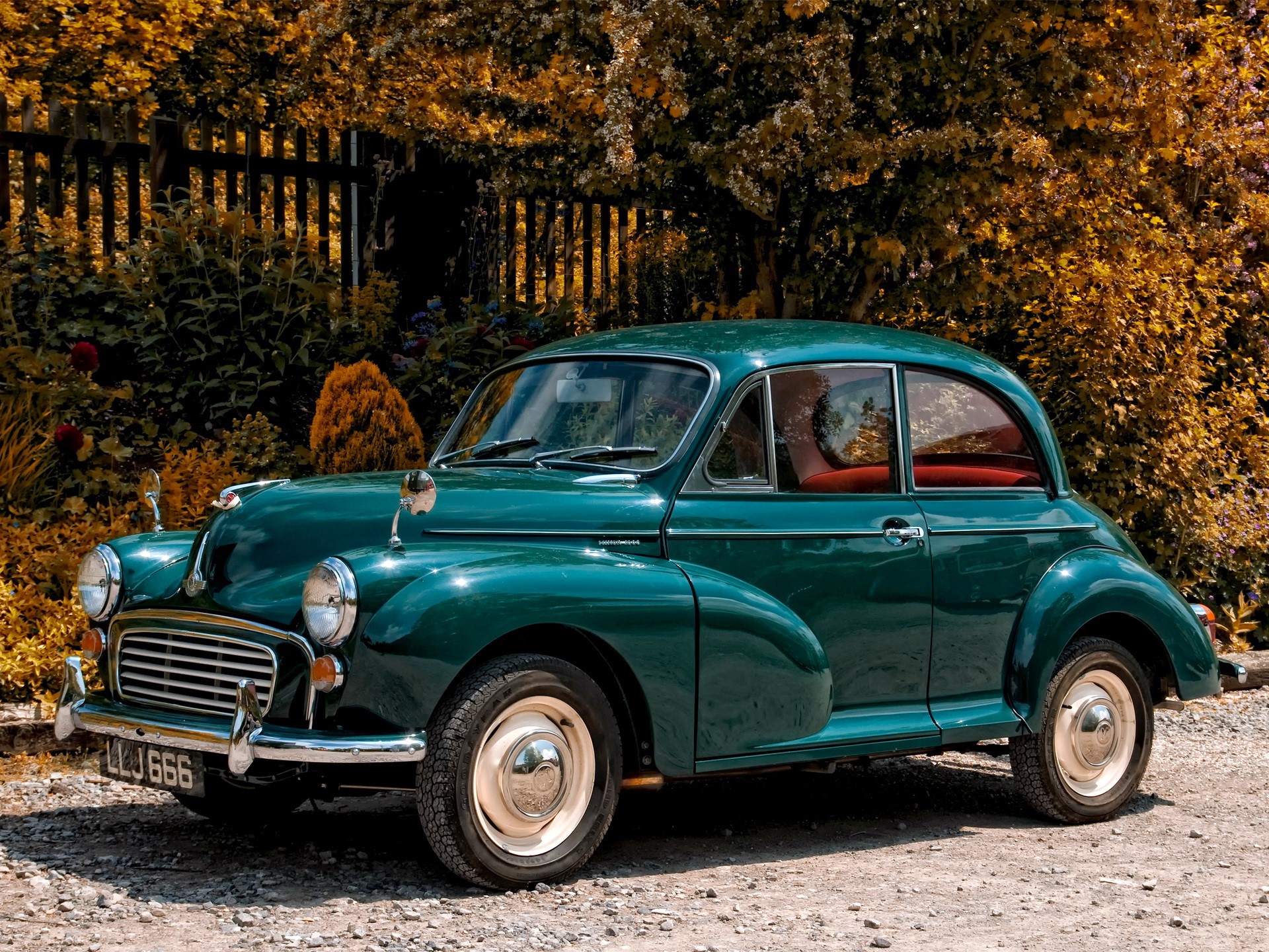 Green Morris Minor car parked outdoors HD Wallpaper