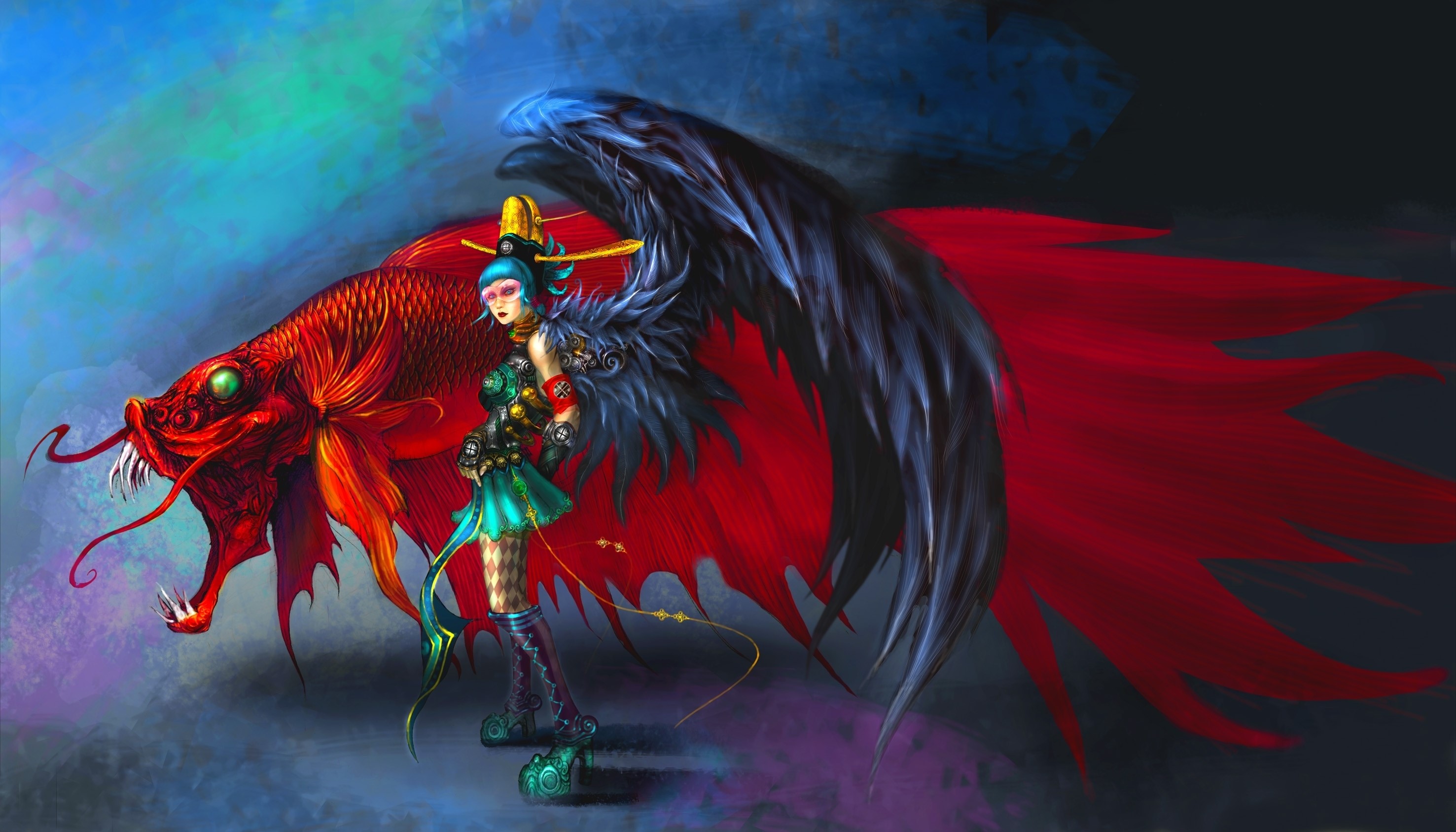 Woman with wings and a dragon fish HD Wallpaper