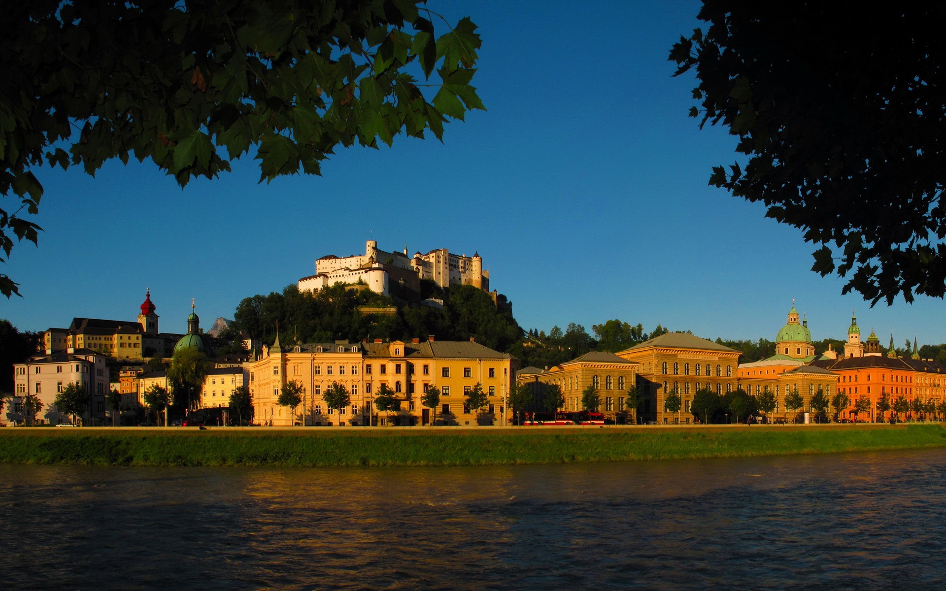 Hohensalzburg Fortress and Salzburg cityscape over the Salzach River, Austria HD Wallpaper