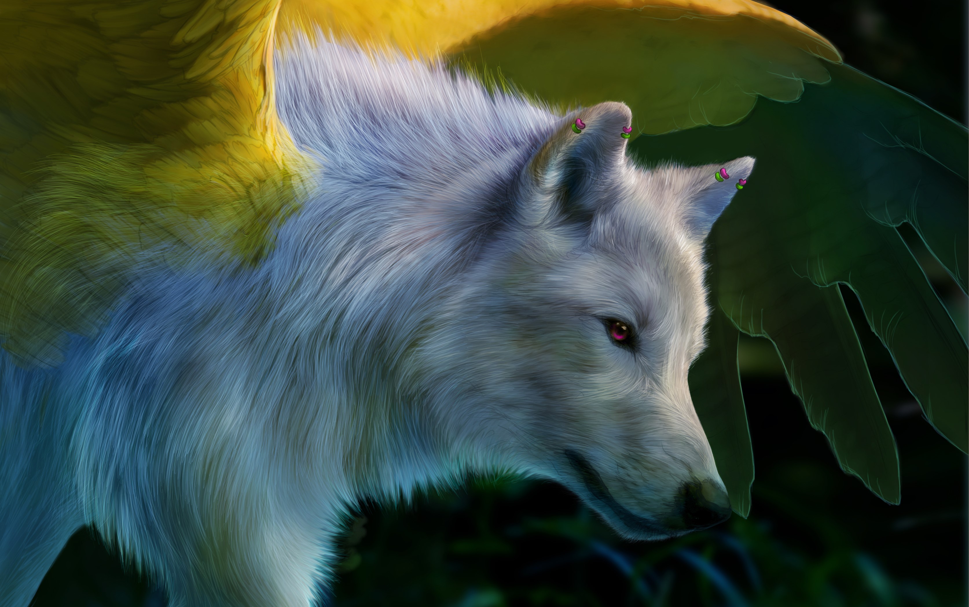 Winged wolf with pink earrings in a forest HD Wallpaper