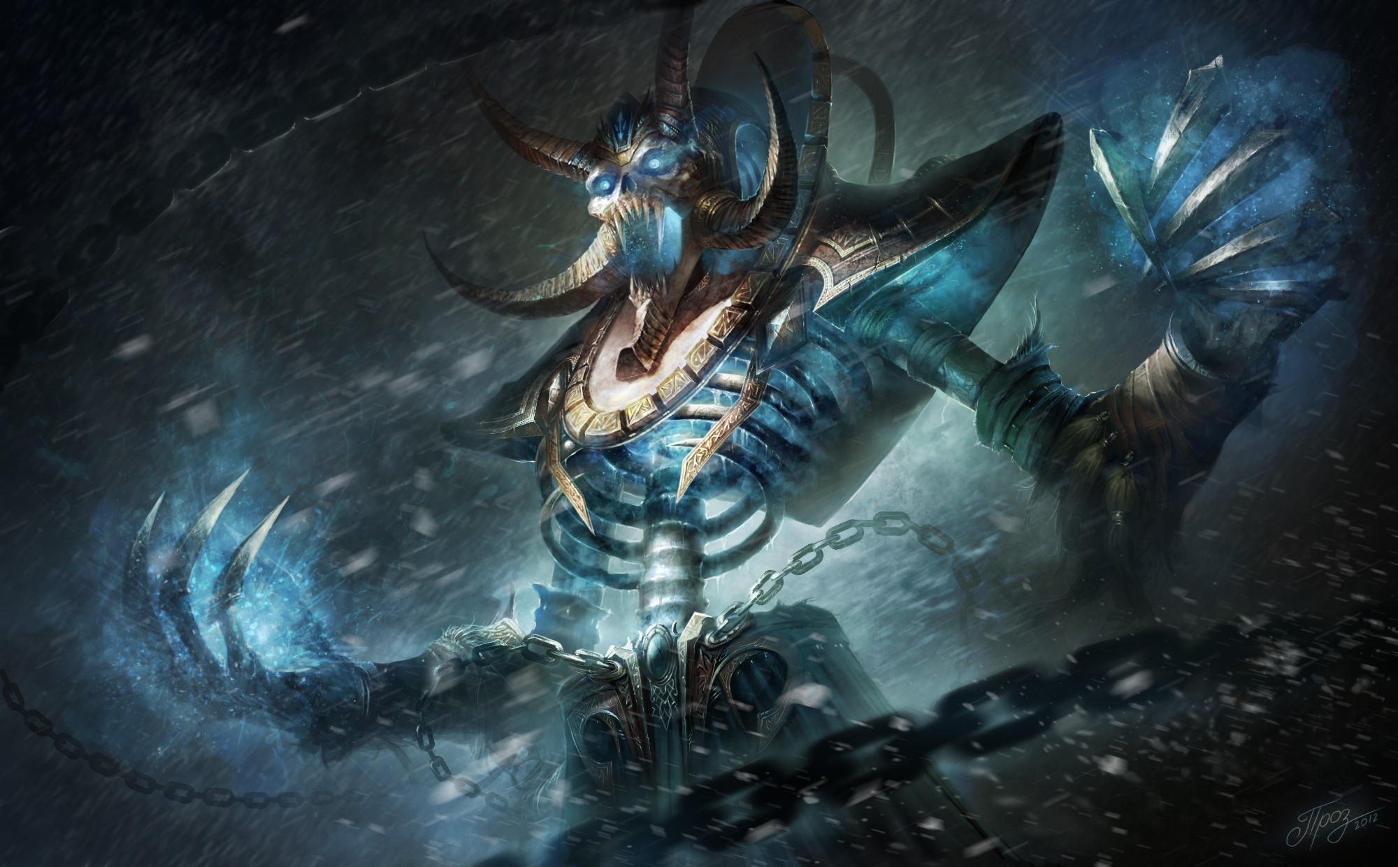 Undead Lich with glowing blue eyes and chains HD Wallpaper